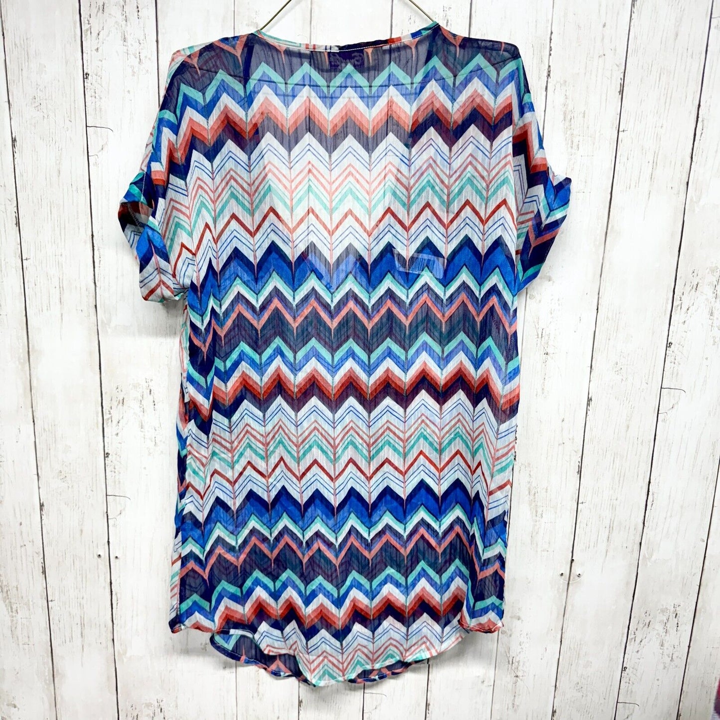 EMMLEE Swim Cover Women Sz S/M Multicolored Short Sleeve Deep V Neck Sheer Swim
