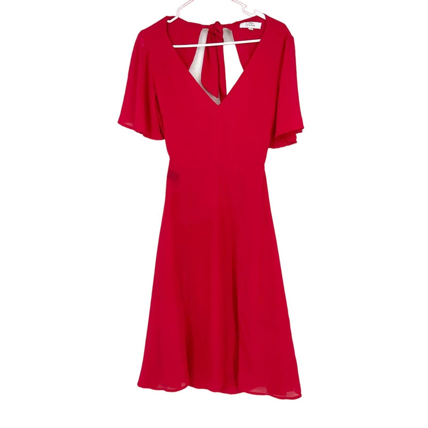 LOUNA Dress Women Size XS Midi Chiffon Red Open Black Deep V Flutter Sleeve