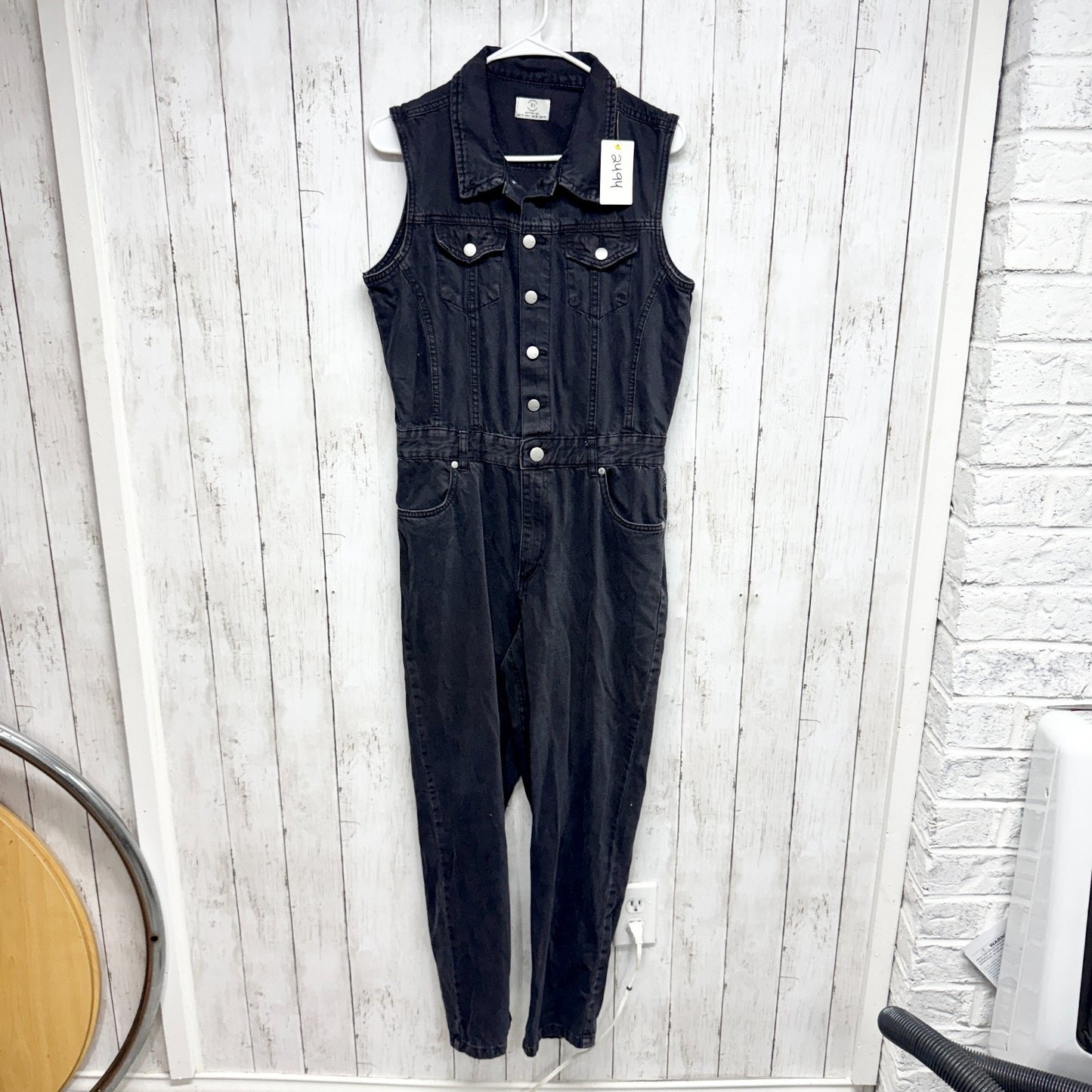 91 Cotton On Jumpsuit Women Size 6 Black Washed Denim Collared Sleeveless Button