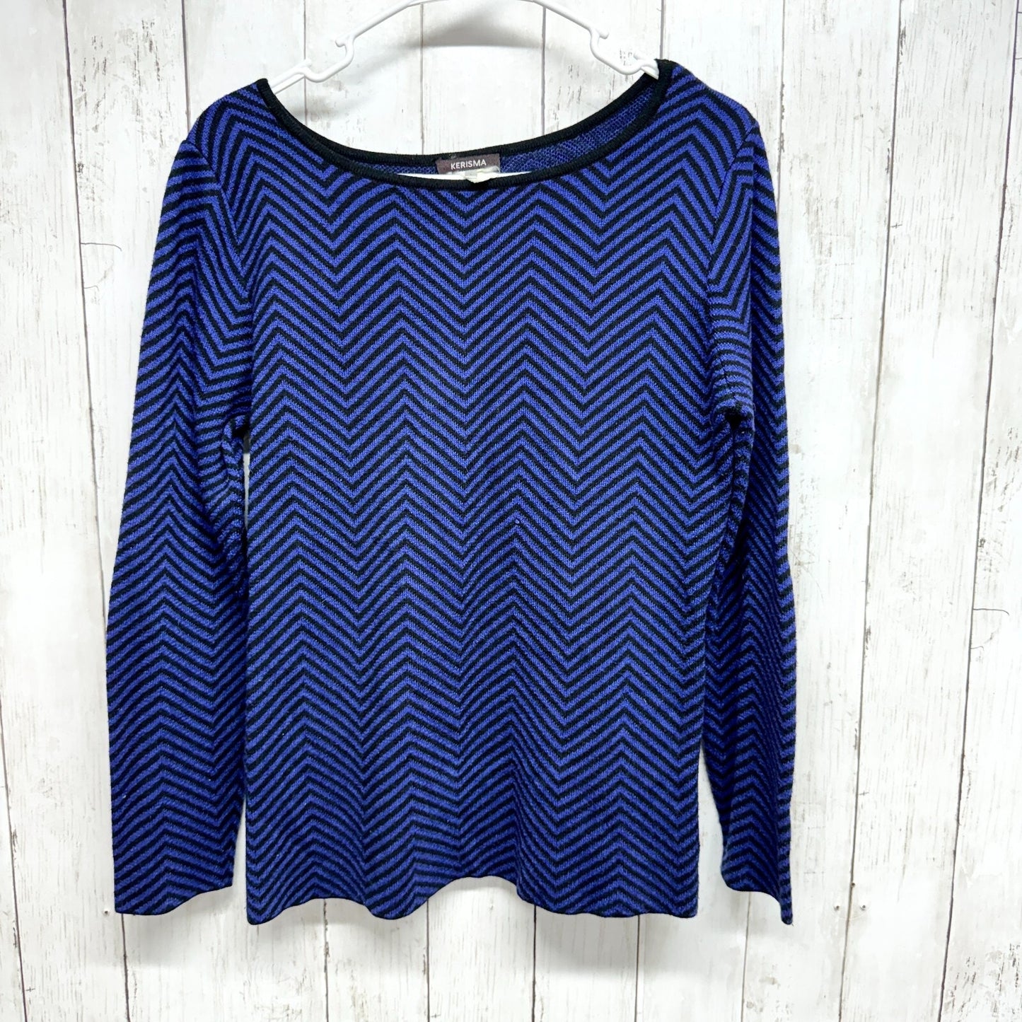 KERISMA KNITS Sweater Women Size Large Crewneck Blue Zigzag Long Sleeve Cotton