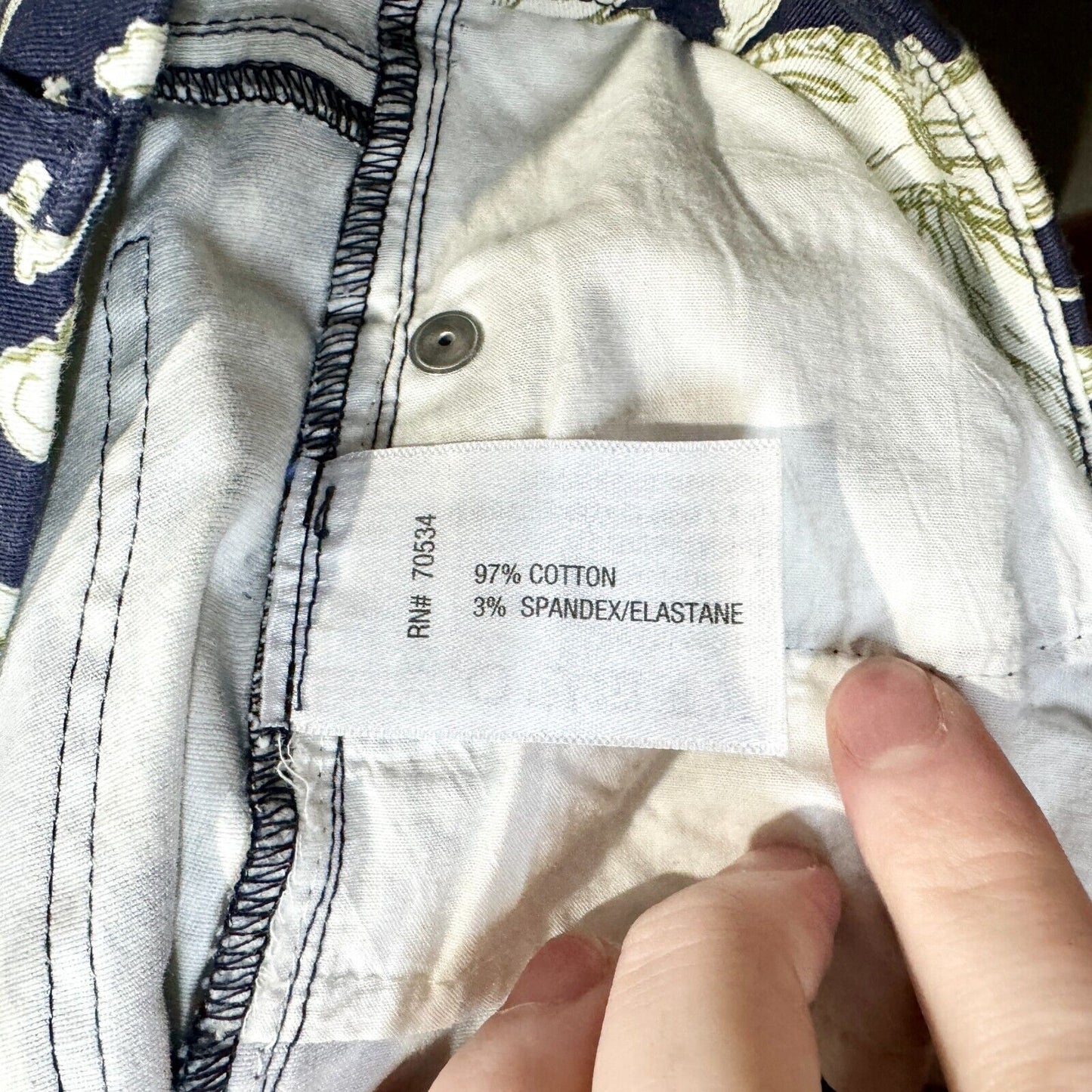 ORVIS Pants Women Size 14 Low Rise Skinny Floral Navy Blue Button Front Zip Up