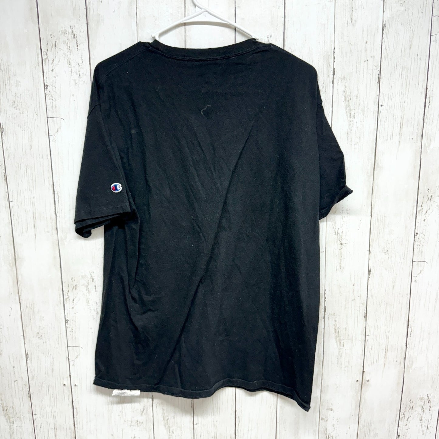 CHAMPION Unisex Size Large Black Short Sleeve Graphic Logo Cotton T Shirt Casual