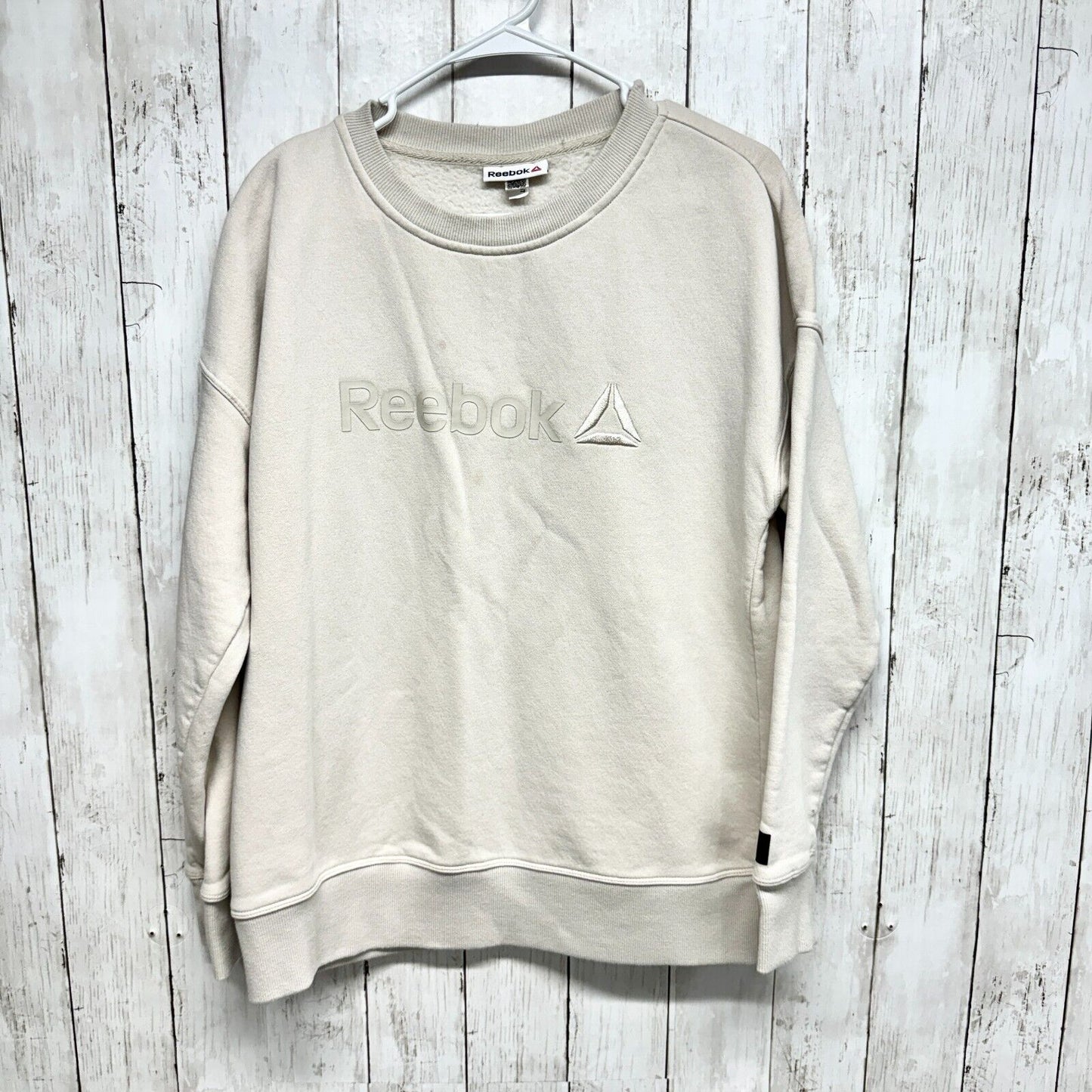REEBOK Sweater Women Sz XL Cotton Ivory Brown Long Sleeve Crewneck Graphic Logo