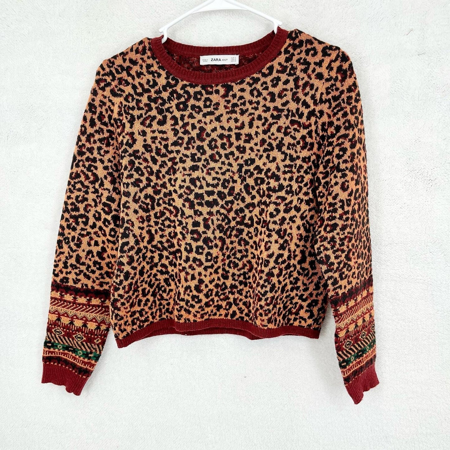 ZARA Sweater Women Size Medium Knit Bronze Animal Printed Crewneck Metallic