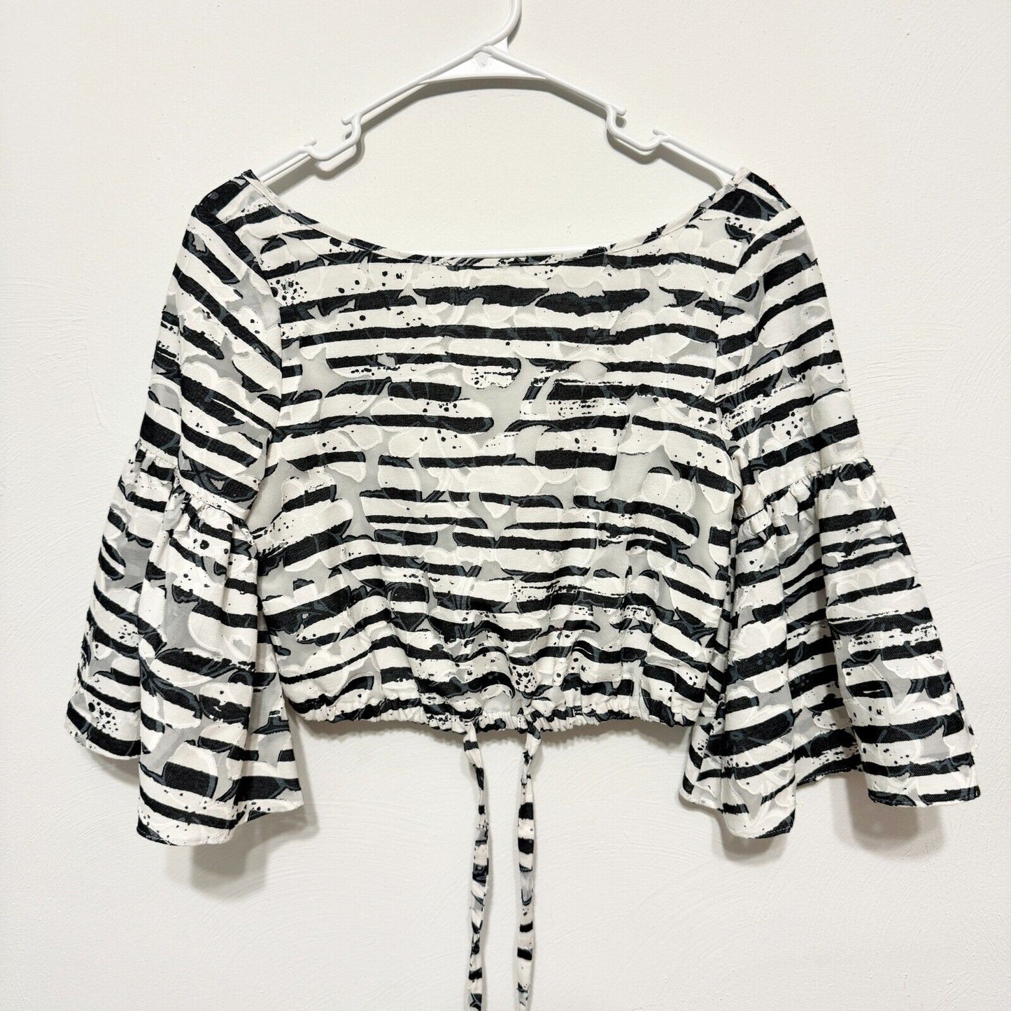 MILLY Blouse Women Size Small Tie Waisted Crop Top Bell Sleeve Striped High Low