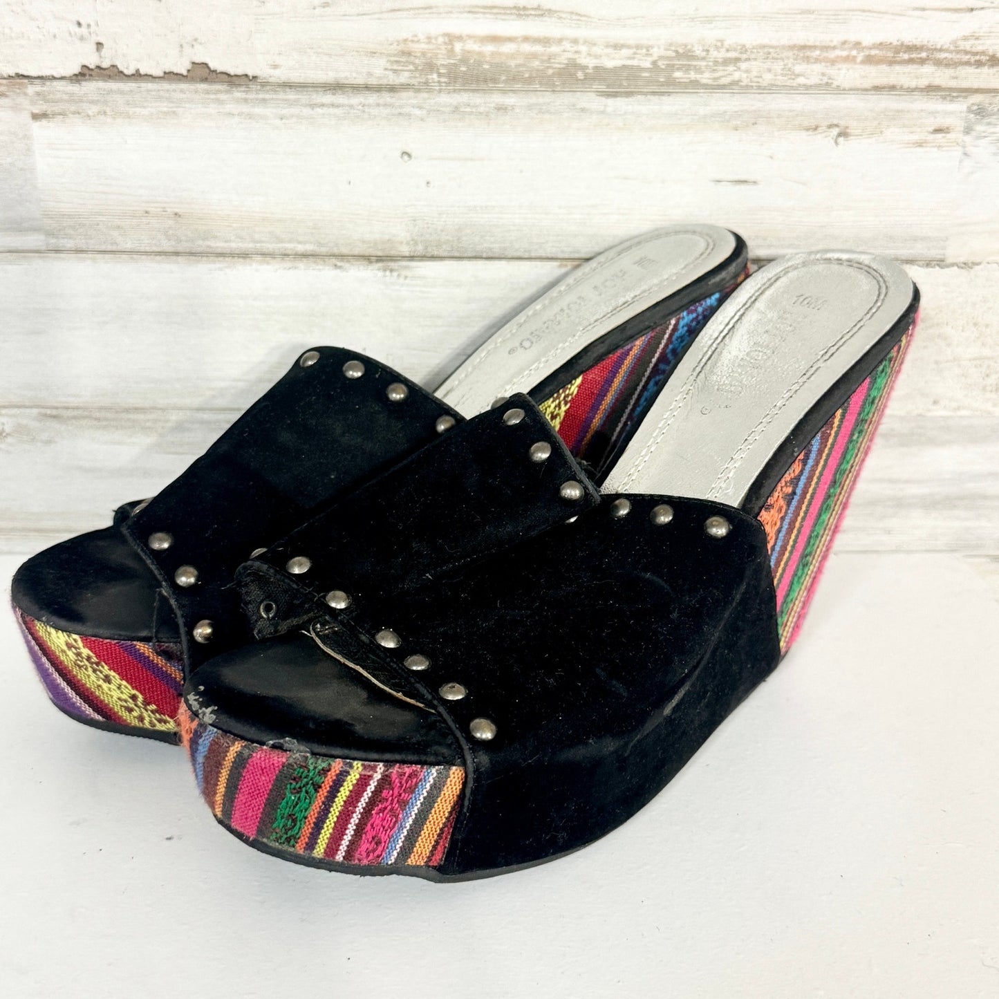 Hot Topic Y2K Wedge Shoes Women's Black Canvas Peep Toe Slip On Size 10