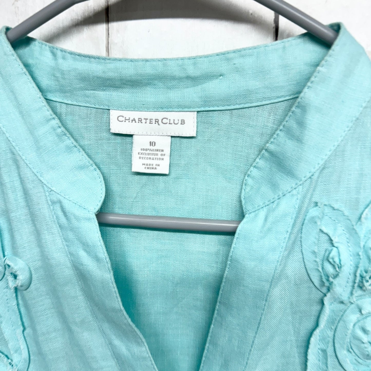 Charter Club Shirt Women Size 10 Turquoise Linen Long Sleeve Button Down Blouse