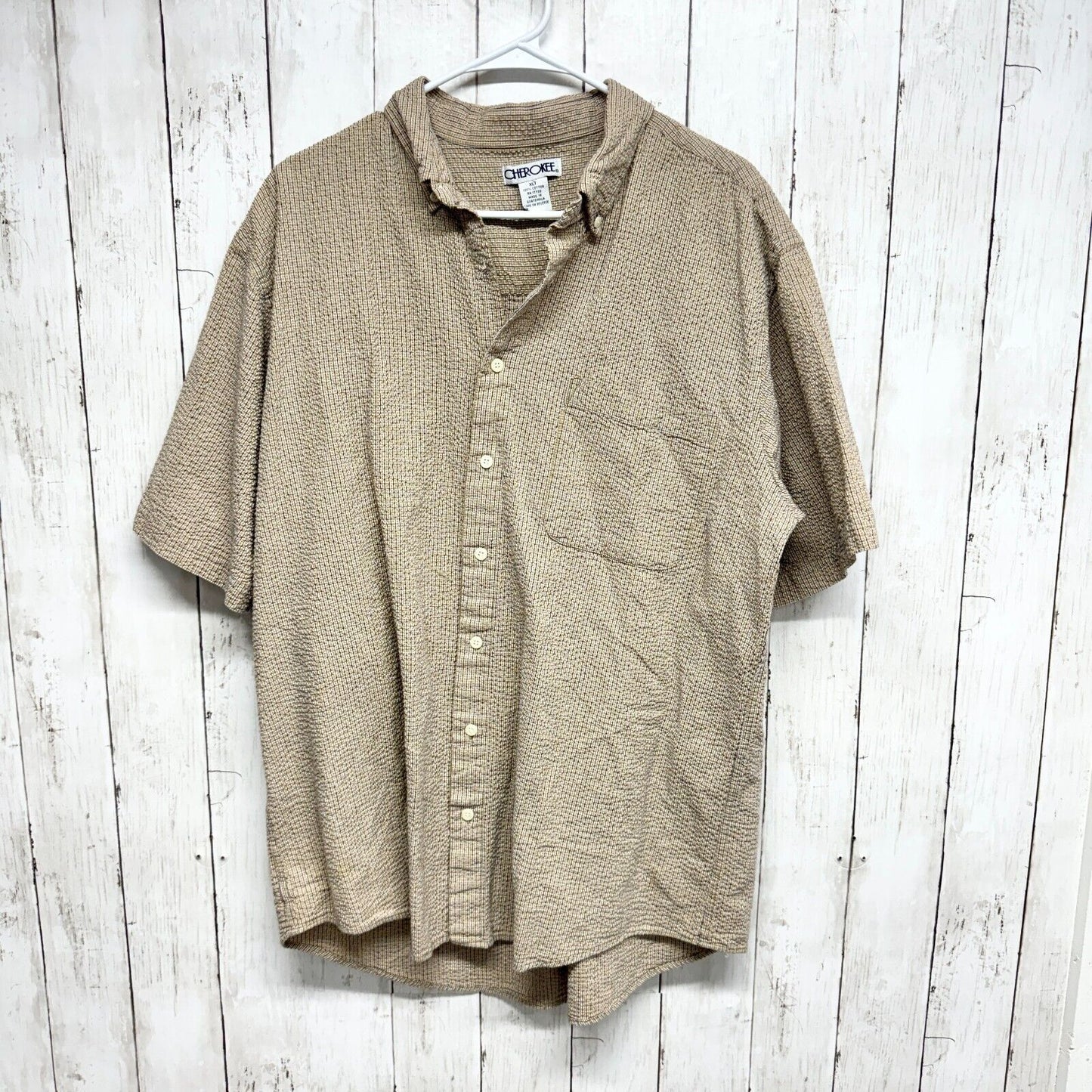 CHEROKEE Button Down Men Size XLT Brown Textured Short Sleeve Pocket Top Curved
