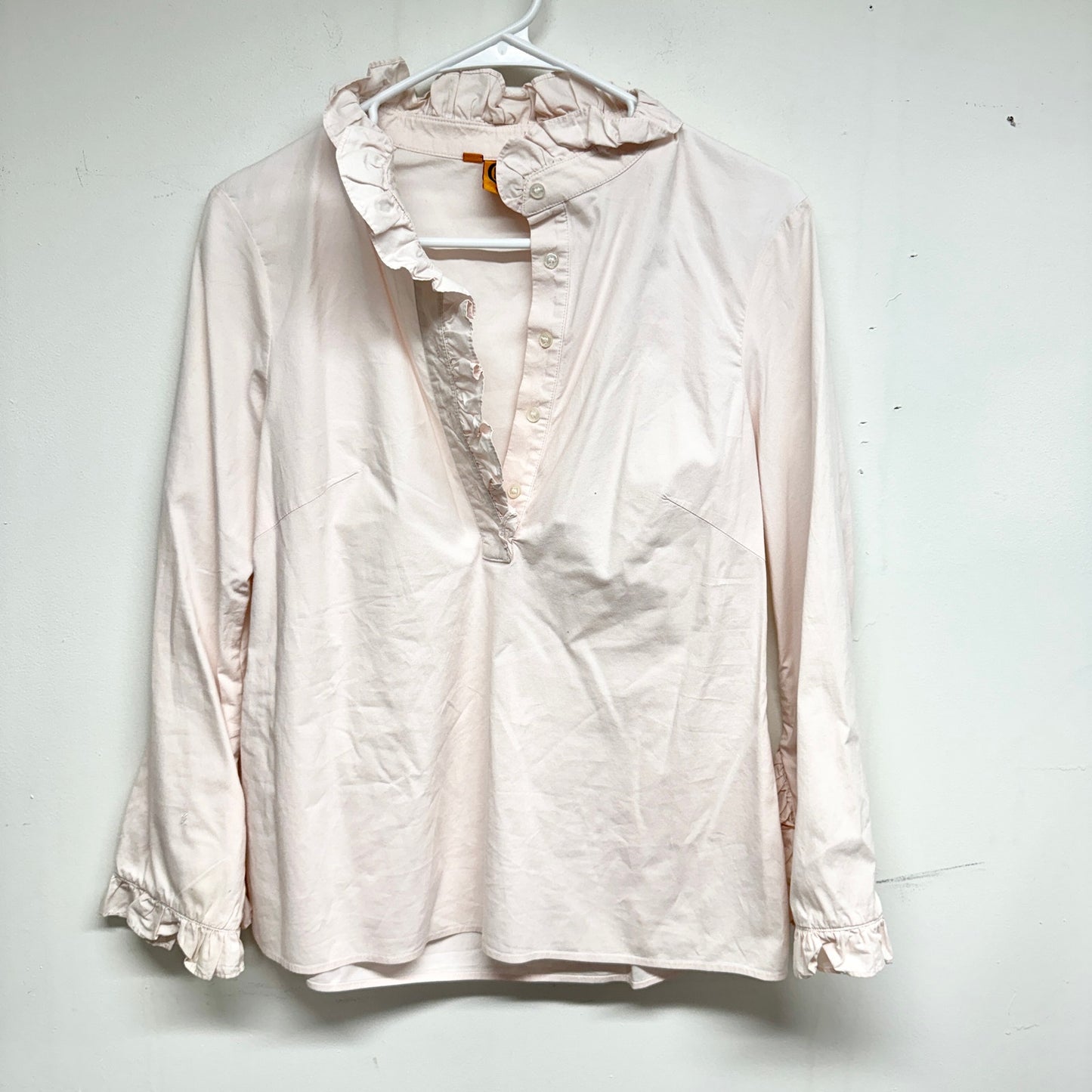 Tory Burch Women Light Pink Ruffled Neckline Long Sleeve V Neck Blouse Size 4