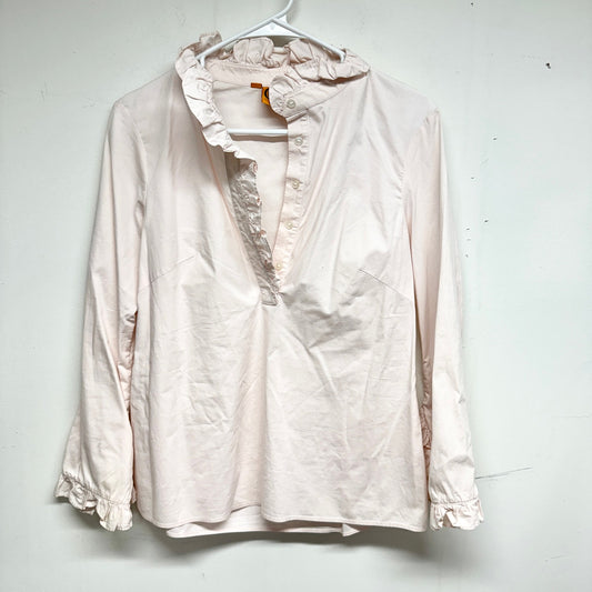 Tory Burch Women Light Pink Ruffled Neckline Long Sleeve V Neck Blouse Size 4