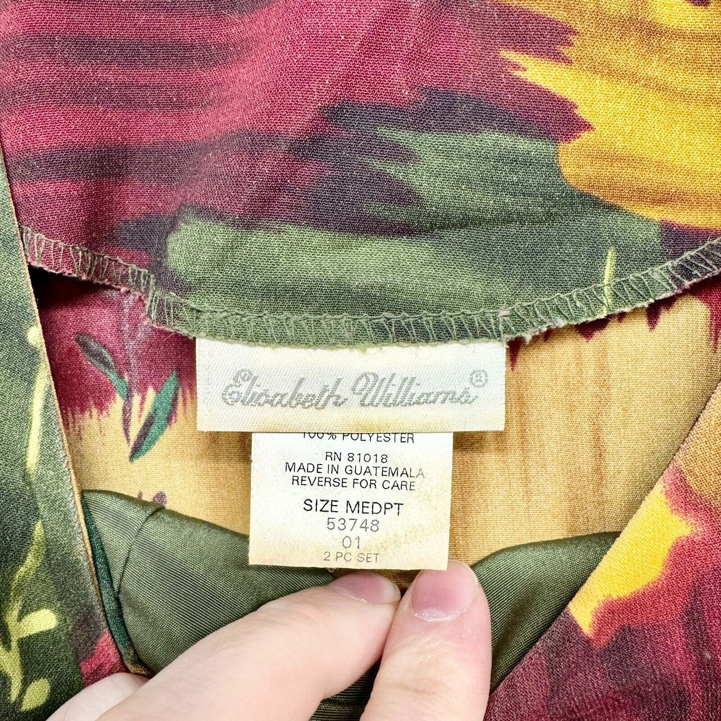 Vintage Elizabeth Williams Medium Multi Color Leaf Print Long Sleeve Tunic Top