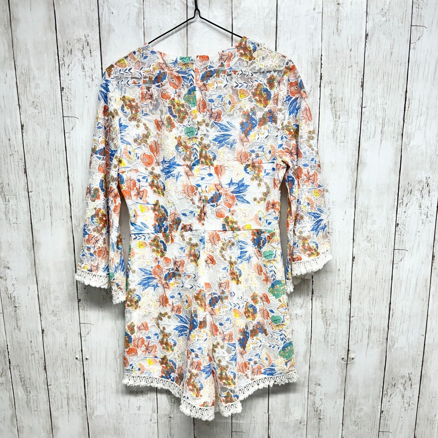 Entro Romper Women S White Floral Fit & Flare Ruffle Short Bell Sleeve Lace Trim