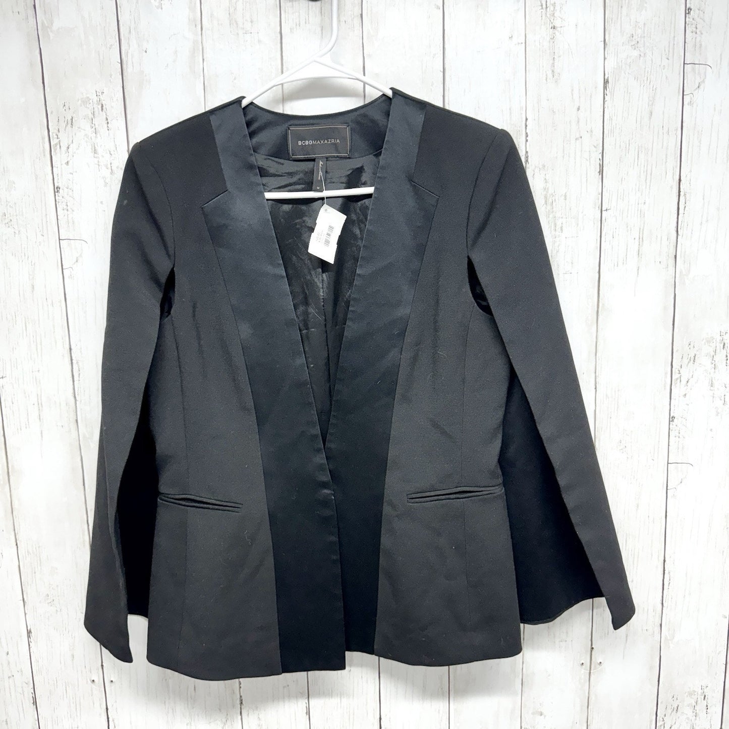 BCBGMAXAZRIA Blazer Jacket Women Size M Satin Detail Cape Black Unique Design