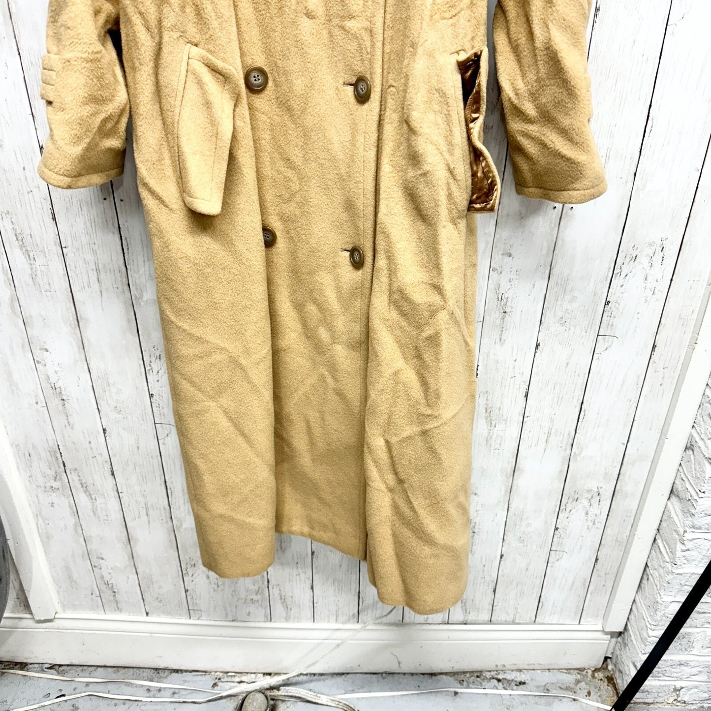 Perry Ellis Coat Women Size 6 Tan Wool Long Peacoat Collared Button Pockets