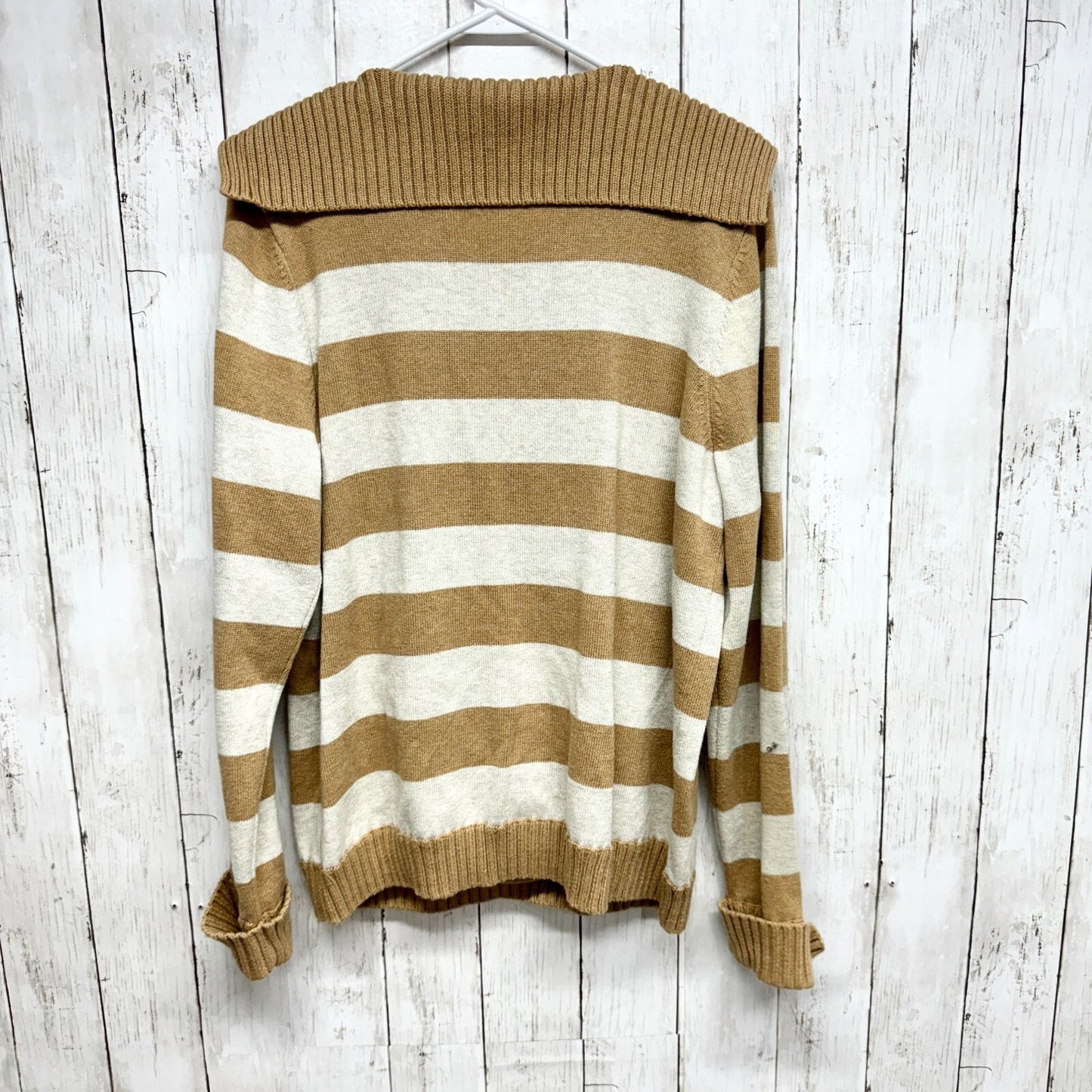 LIZ CLABORNE Sweater Women Size XL Block Strip Golden & Grey Folded Collared