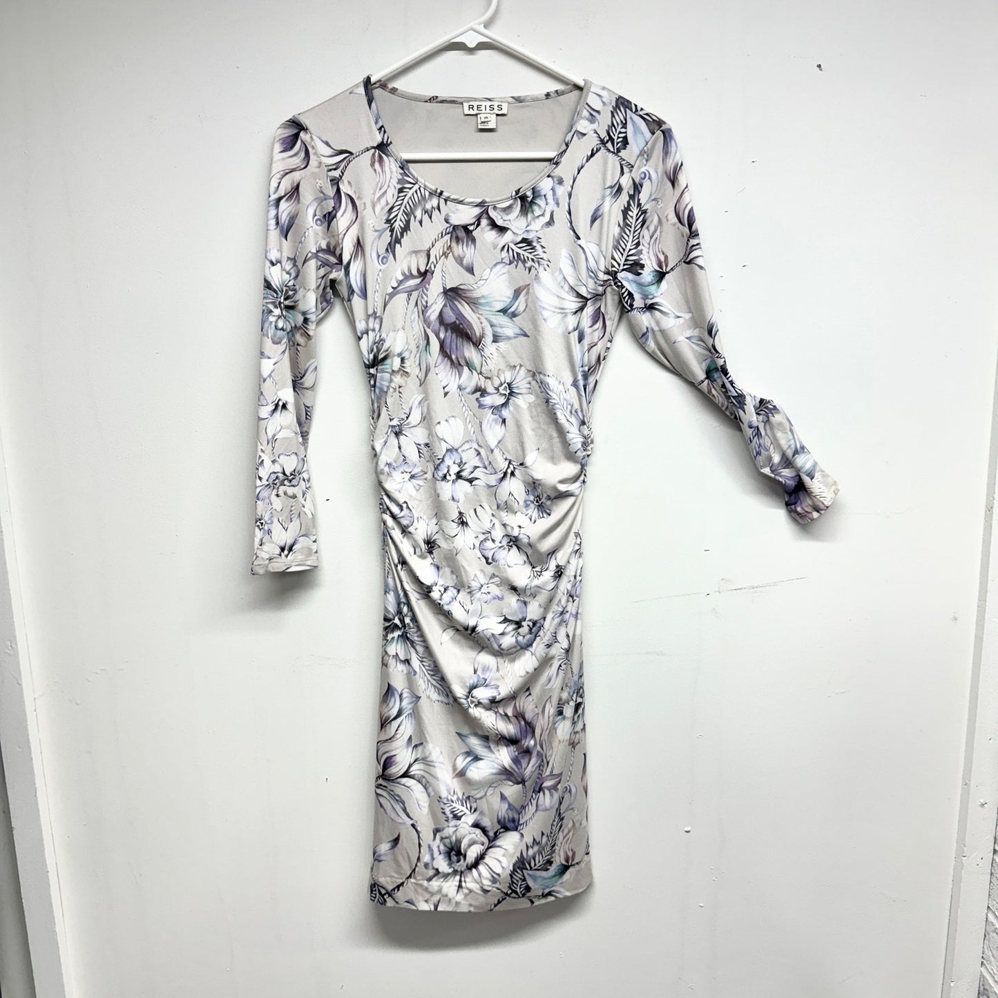 REISS Women Balbina Pale Purple Floral Long Sleeve Form Fitting Midi Dress XS
