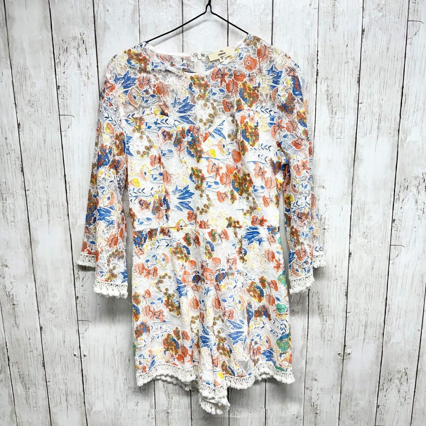 Entro Romper Women S White Floral Fit & Flare Ruffle Short Bell Sleeve Lace Trim