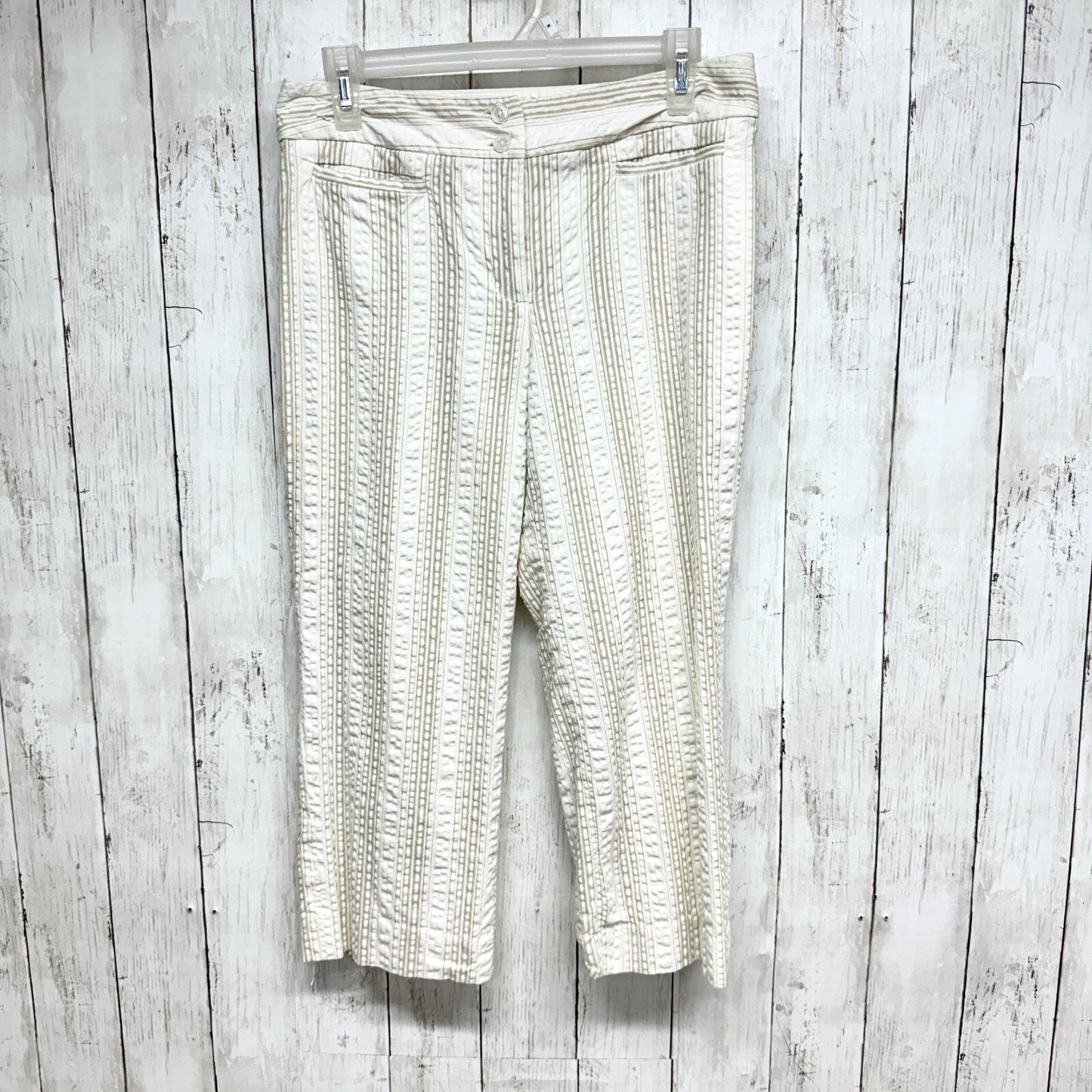 Ann Taylor Pants Women Sz 6P Stripe Tan White Crop Pull On Straight Linen Casual