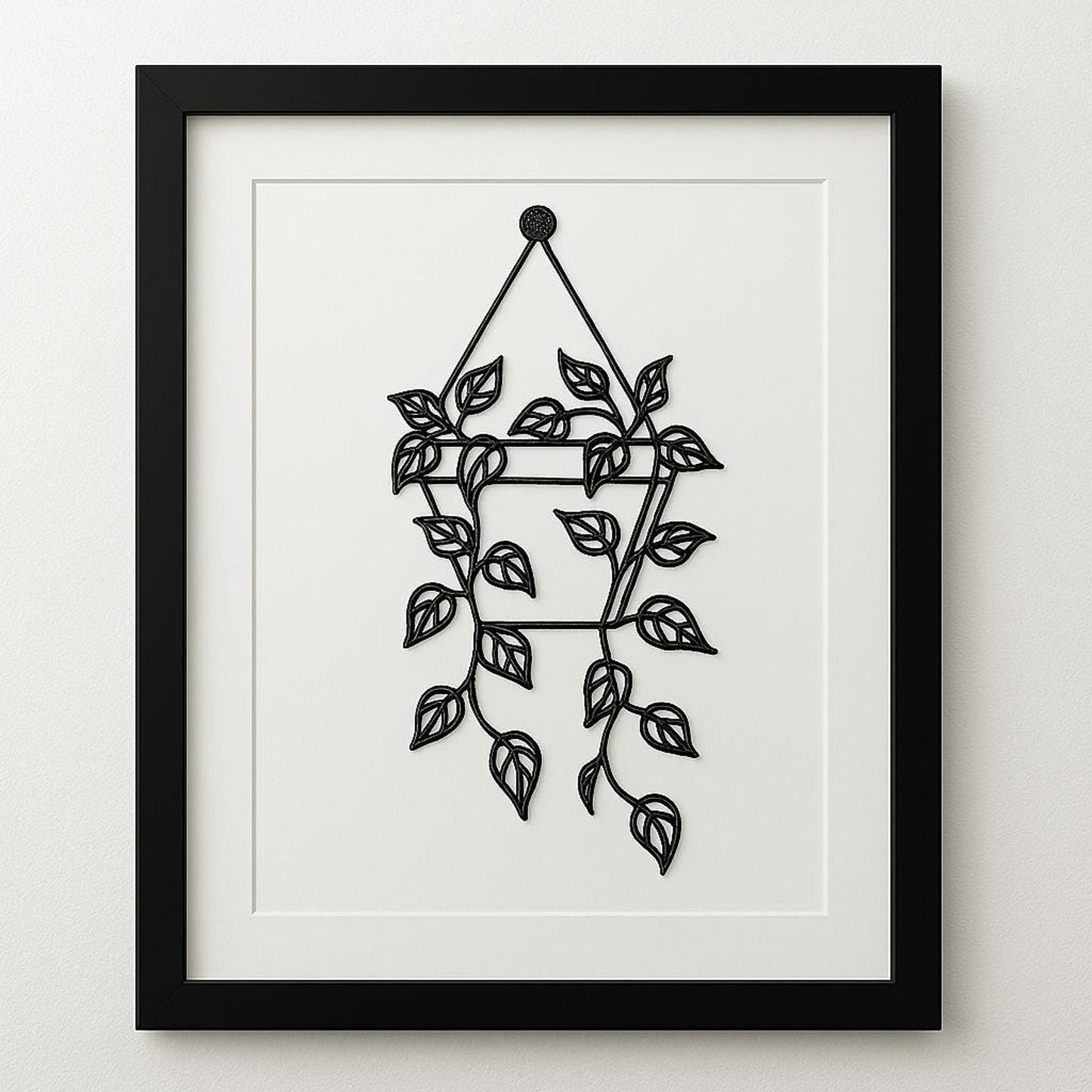 Minimalist Hanging Plant – 3D Line Art Print on 8x10 Matte Board, Black Botanical Wall Decor for Modern or Boho Interiors