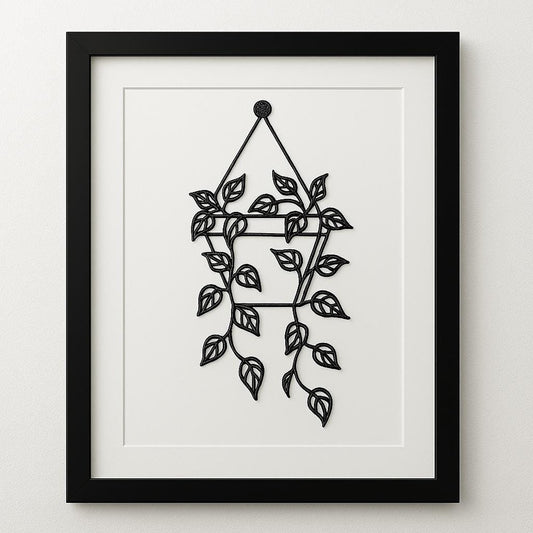 Minimalist Hanging Plant – 3D Line Art Print on 8x10 Matte Board, Black Botanical Wall Decor for Modern or Boho Interiors