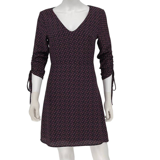 LULUS Dress Women SZ XS Mini Navy Blue Floral Print Three Quarter Sleeve V Neck