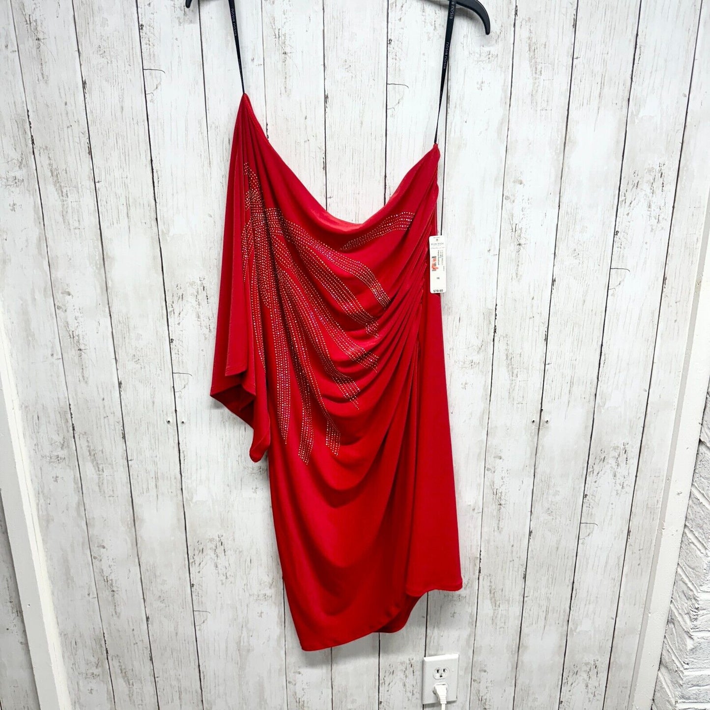 BISOU BISOU Dress Women Size 16 One Shoulder Red Mini Sparkled Flared Sleeve NEW
