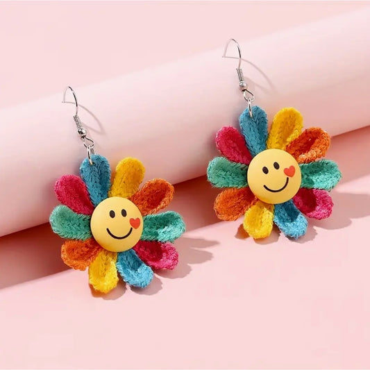 Rainbow Sunflower Smiling Face Dangle Earrings - Delicate, Feather-Light