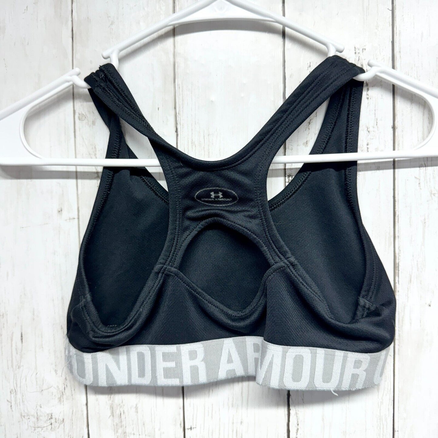 UNDER ARMOR Sports Bra Women Size XS Grey Strap Racerback Logo Black Athletic