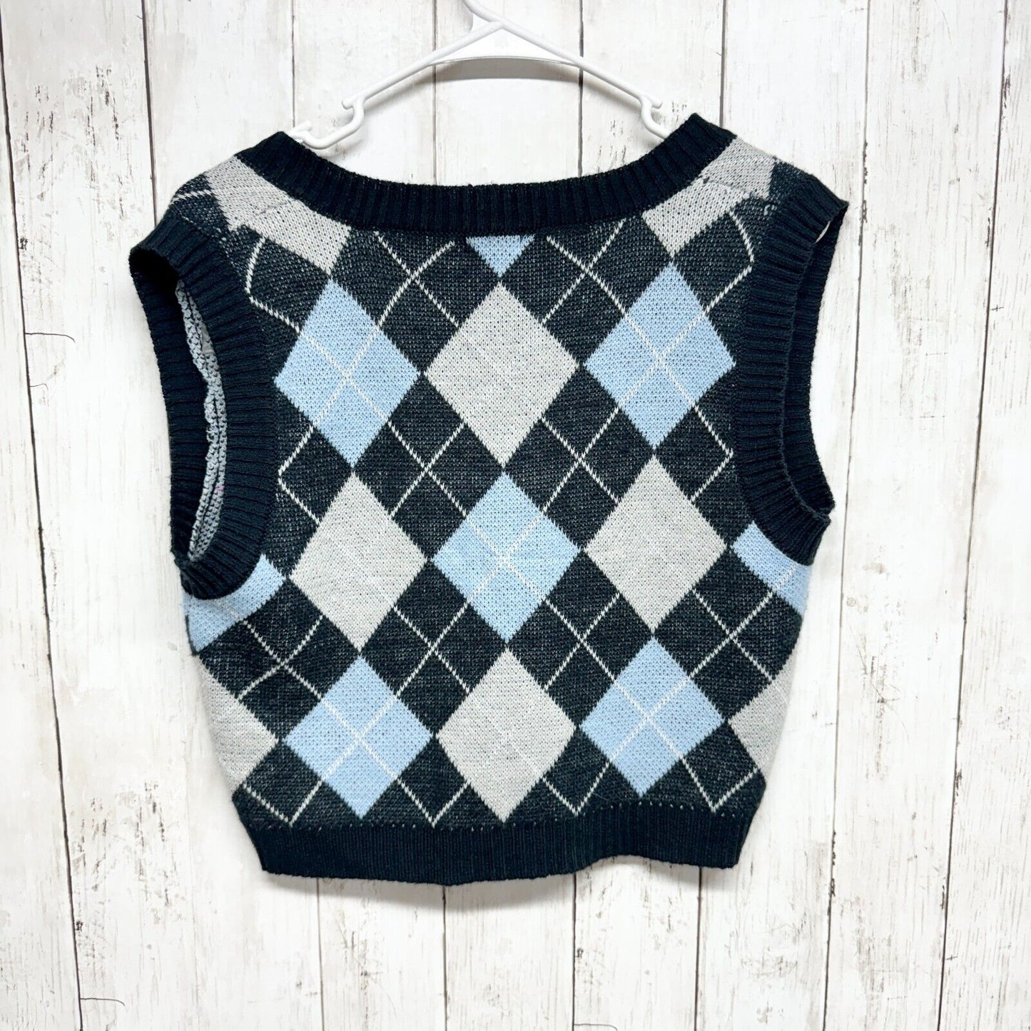 RUE 21 Vest Women L Sleeveless Plaid Checkered Navy Blue Trimmed Knit Cotton