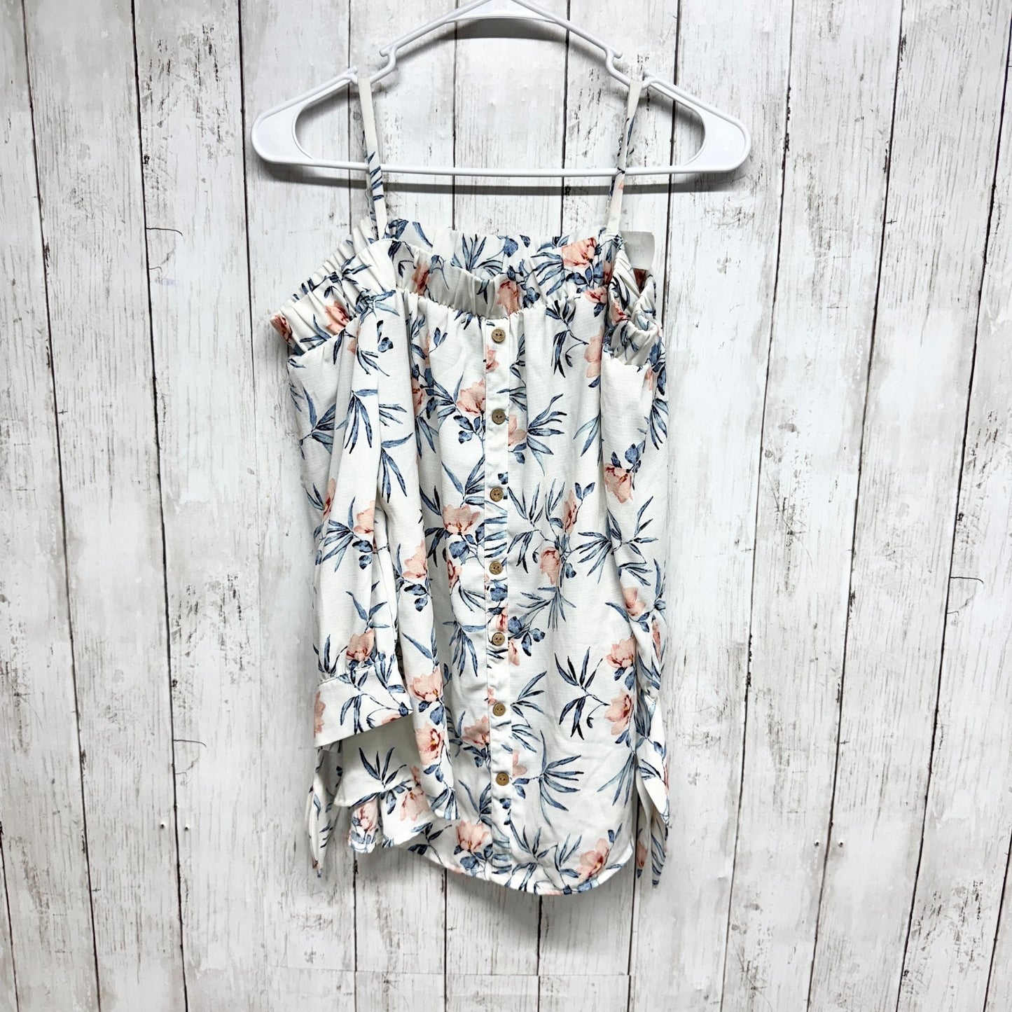 iz Byer Blouse Women Size Medium Button Front Off the Shoulder Top White Floral