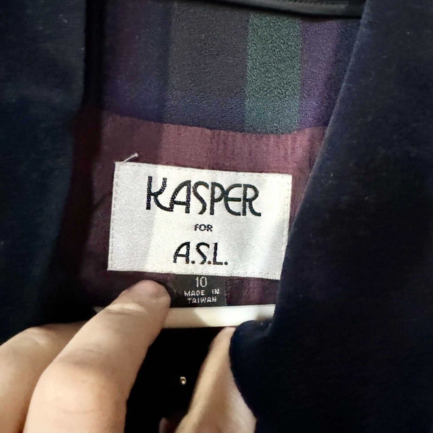 Vintage 80s Kasper Button Down Plaid Wool Blend Velvet Collared Blazer Size 10