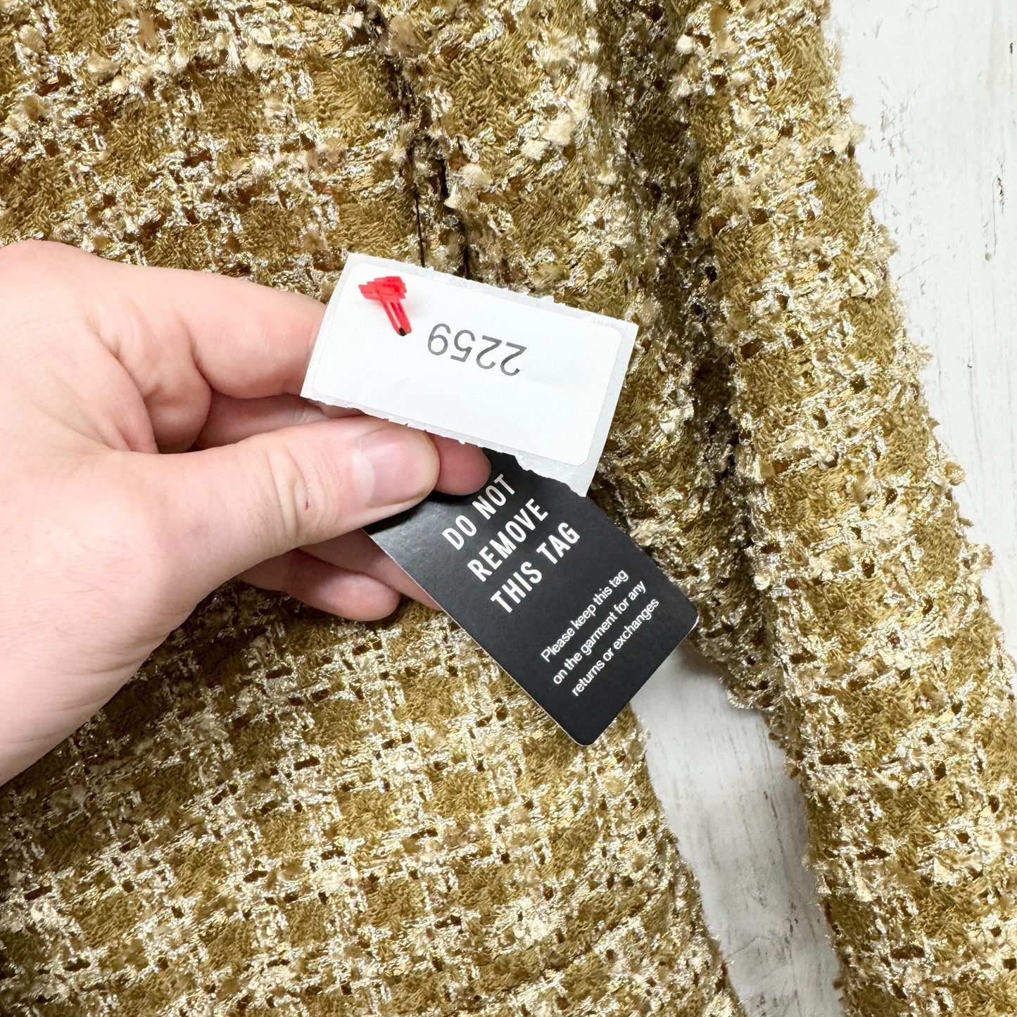 Express Women’s Jacket Sz XS Open Beige Gold Buttons Houndstooth Tweed Blazer