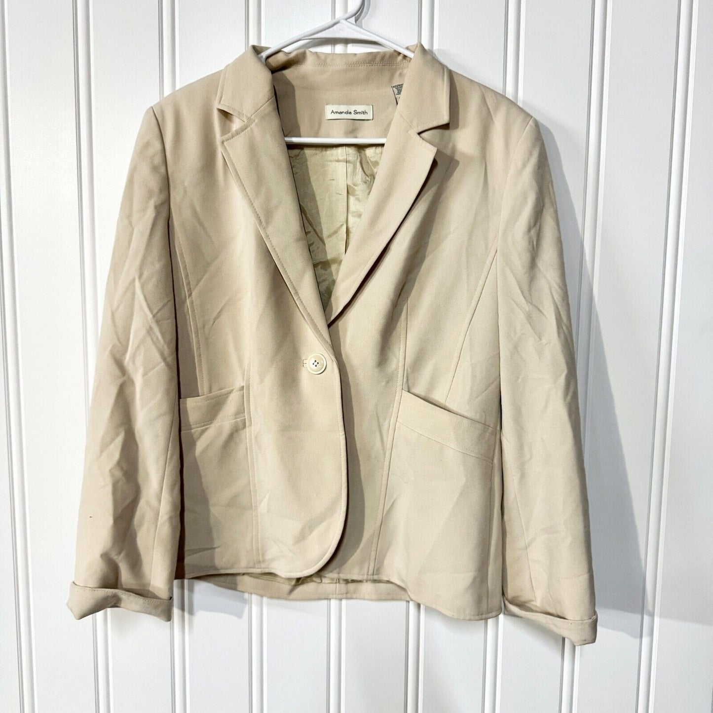 VTG AMANDA SMITH Blazer Women Size 10 Single Button Down Padded Shoulder Cream