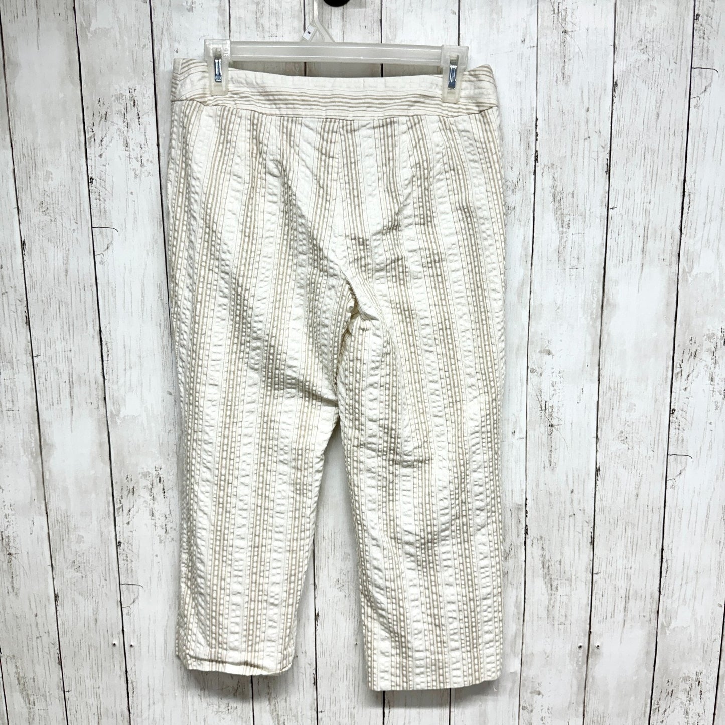 Ann Taylor Pants Women Sz 6P Stripe Tan White Crop Pull On Straight Linen Casual