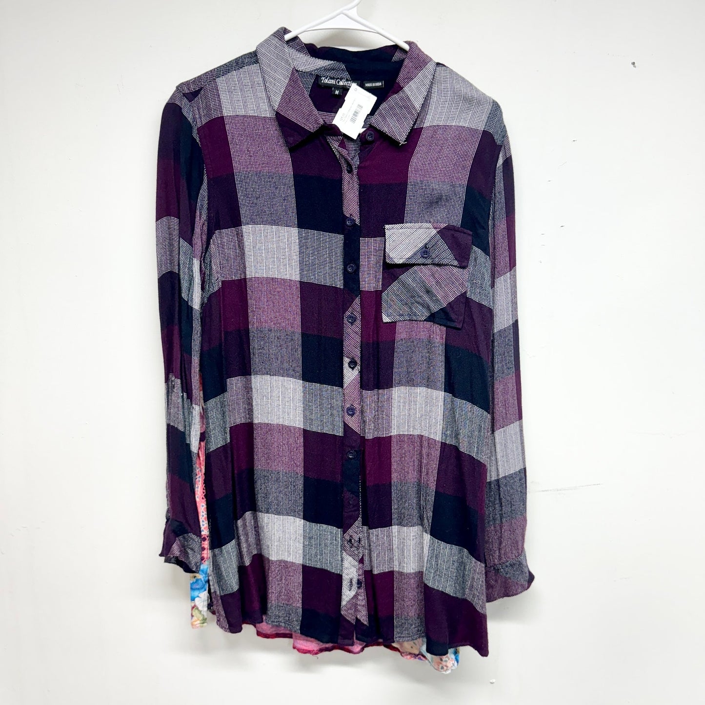 Tolani Collection Women Purple Plaid Button Down Tunic W/ Print Back Medium