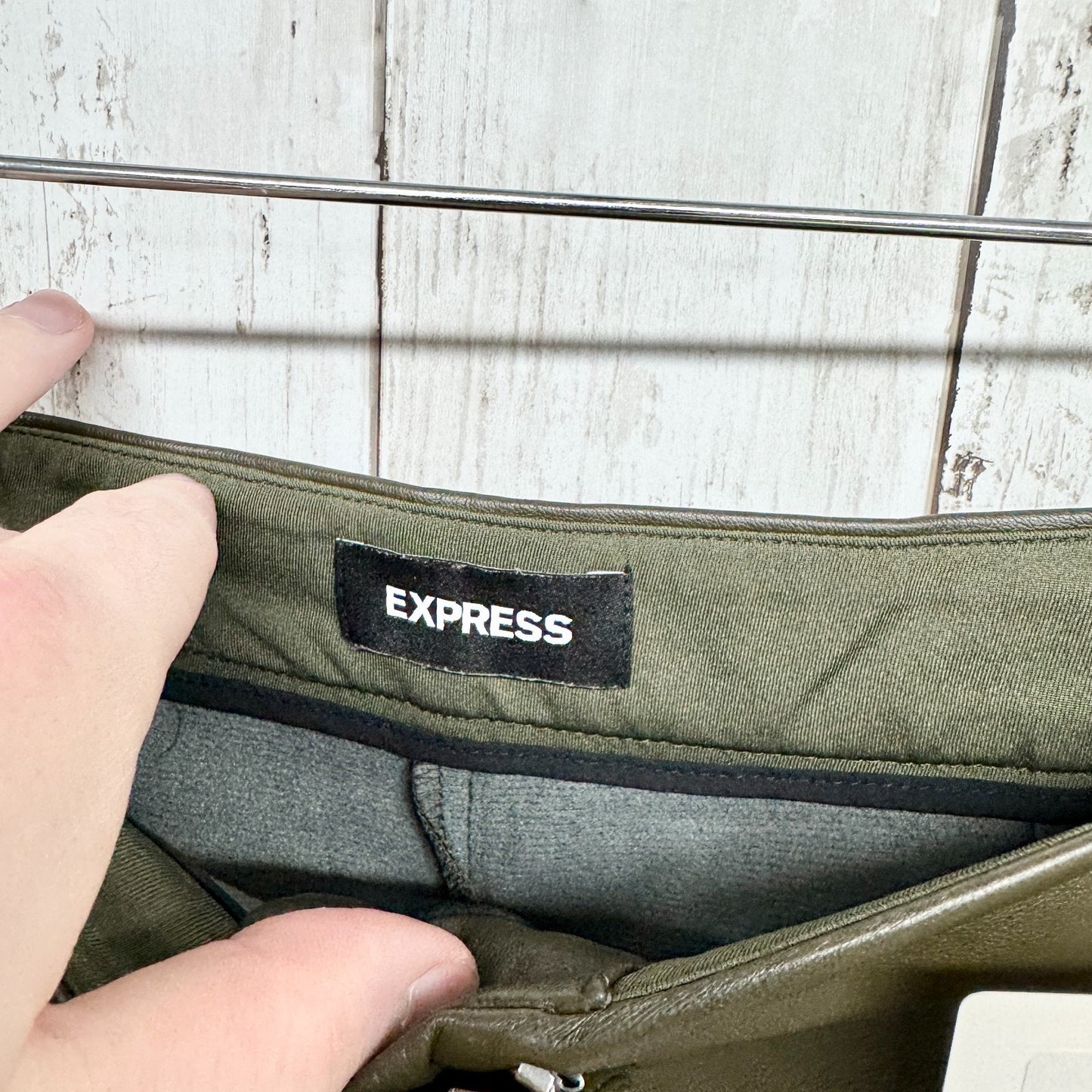 Express Pants Women Size 14L Hunter Green Faux Leather Straight Pockets Zip Fly