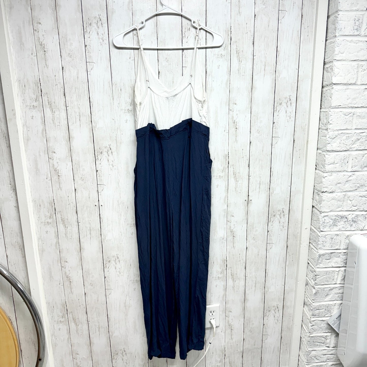 SHINESTAR Jumpsuit Women Size M Sleeveless White & Blue Summer Casual Polyester