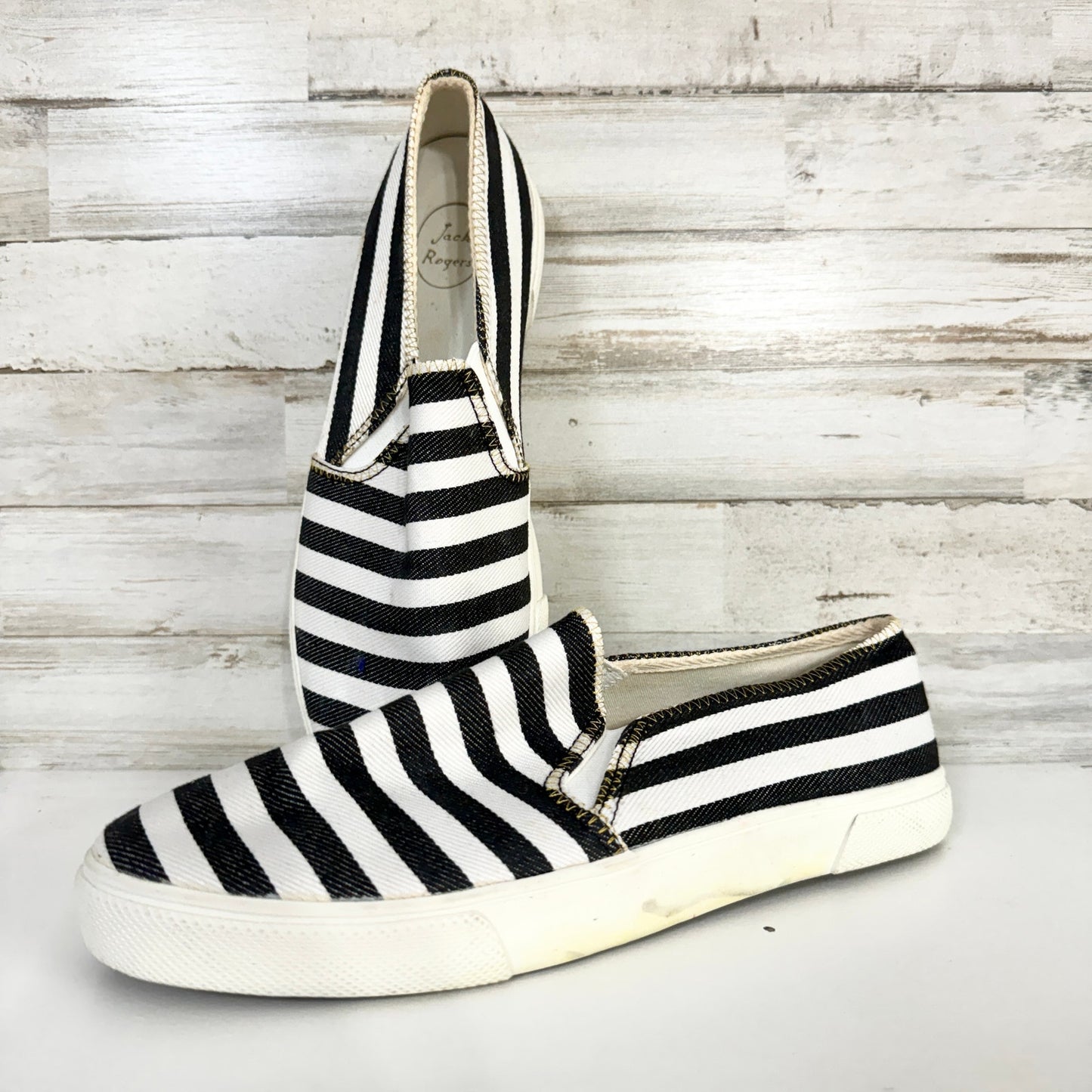 Jack Rogers Women's Slip On Shoe Black White Striped Size 8.5