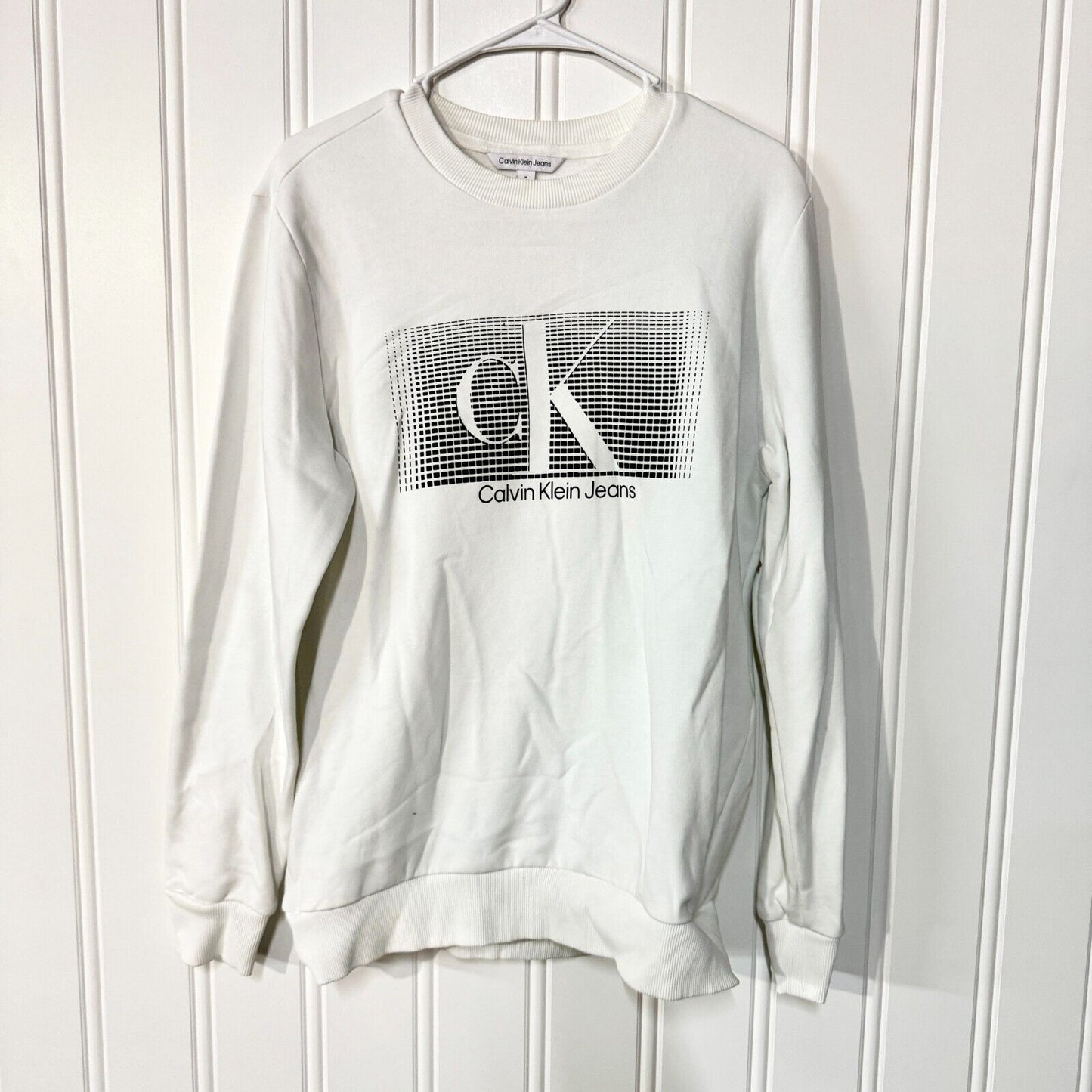 CALVIN KLEIN Sweater Mens Size Medium White Graphic Logo Long Sleeve Slim Fit