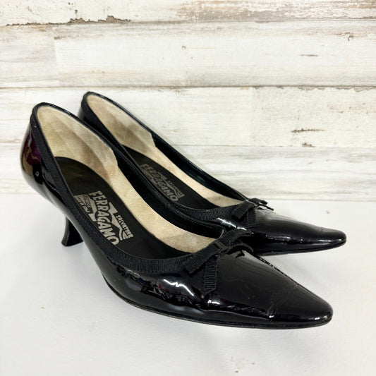 Salvatore Ferragamo Heels Women Size 6.5 Grace Black Nero Calf 2 1/2" Bow Stitch