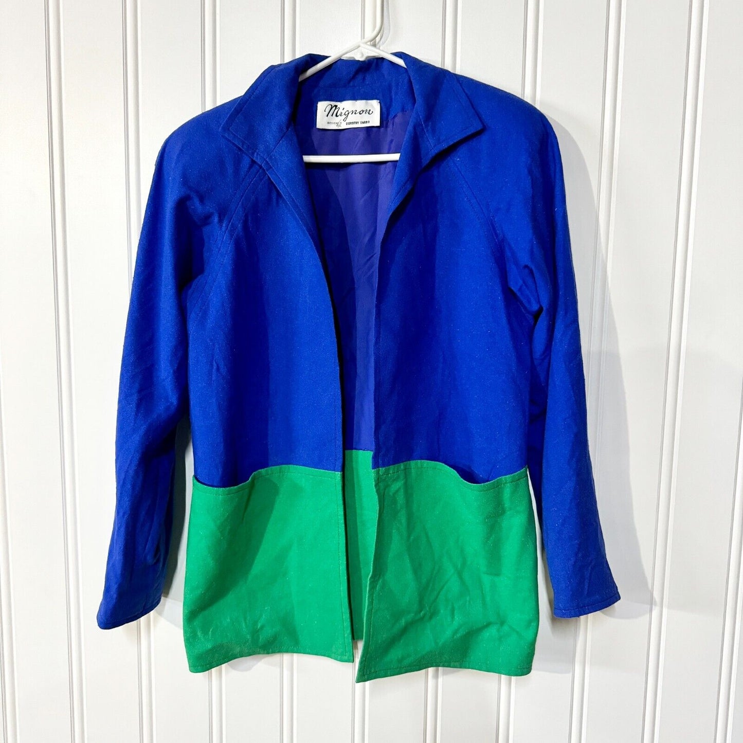Vintage MIGNON Jacket Women Size 8 Abstract Green/ Blue Open Front Light Wool