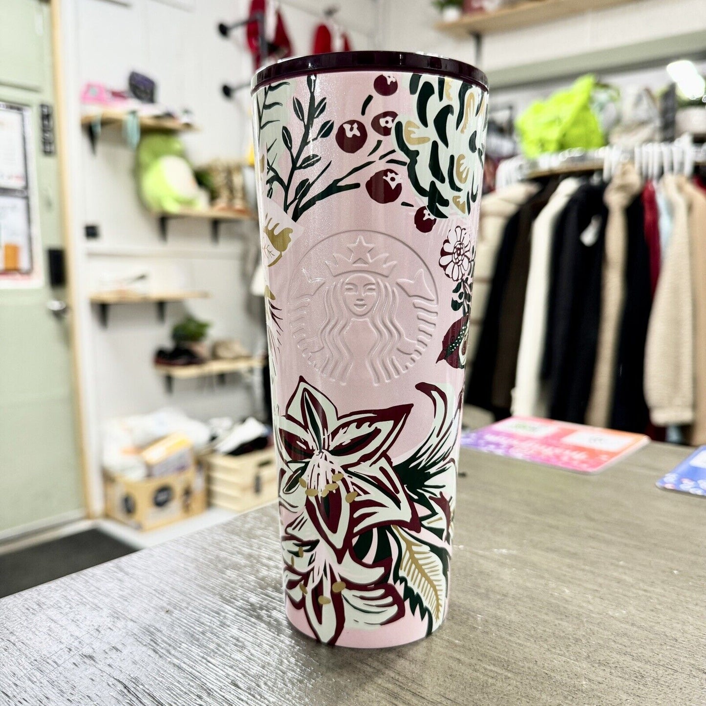 Starbucks Holiday Tumbler 24oz 2022 Pink Enchanted Forest NO STRAW