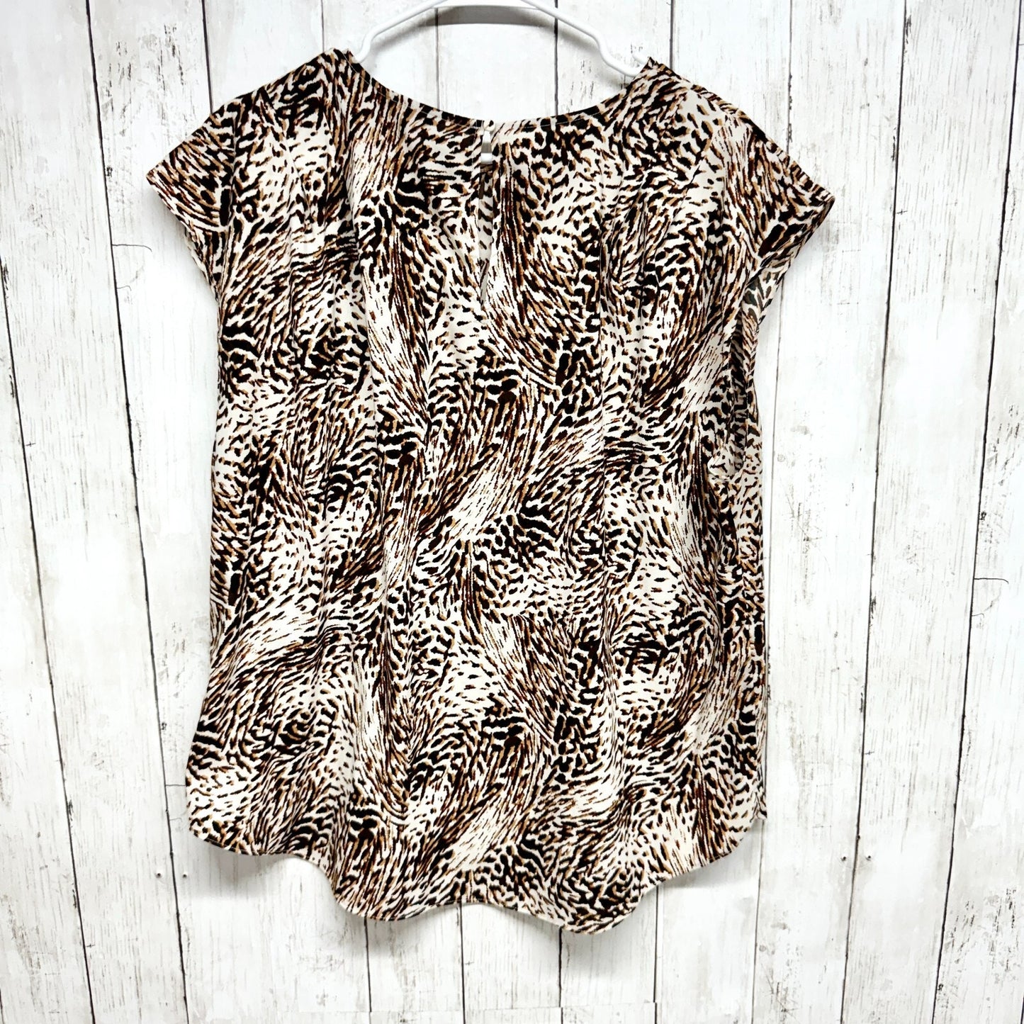 EXPRESS Blouse Women Size XL Abstract Animal Print Pleated Shoulder Top