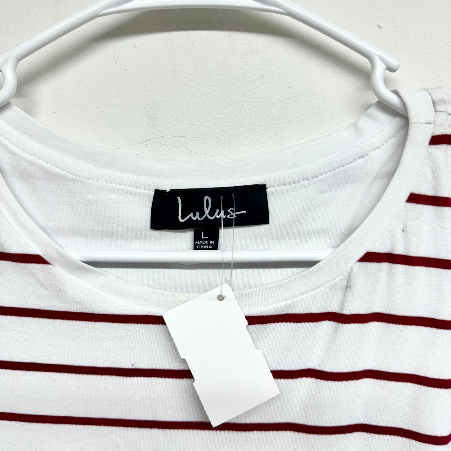 Lulus Women Cafe Society White and Red Short Sleeve Striped Shirt Dress Large