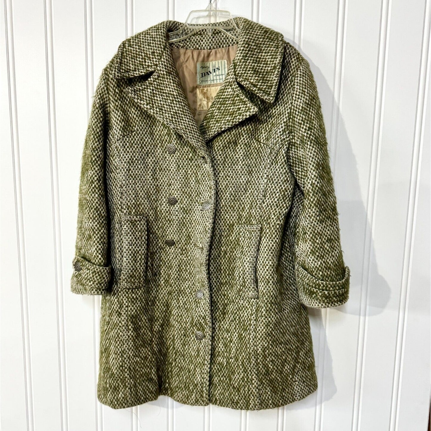 Vintage DAVIS OF BOSTON LAZAROUS Pea Coat Women Green Woven Double Breasted