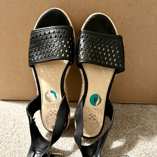 VINCE CAMUTO Women 8 Black Basketweave Espadrille Ankle Strap Platform Sandal