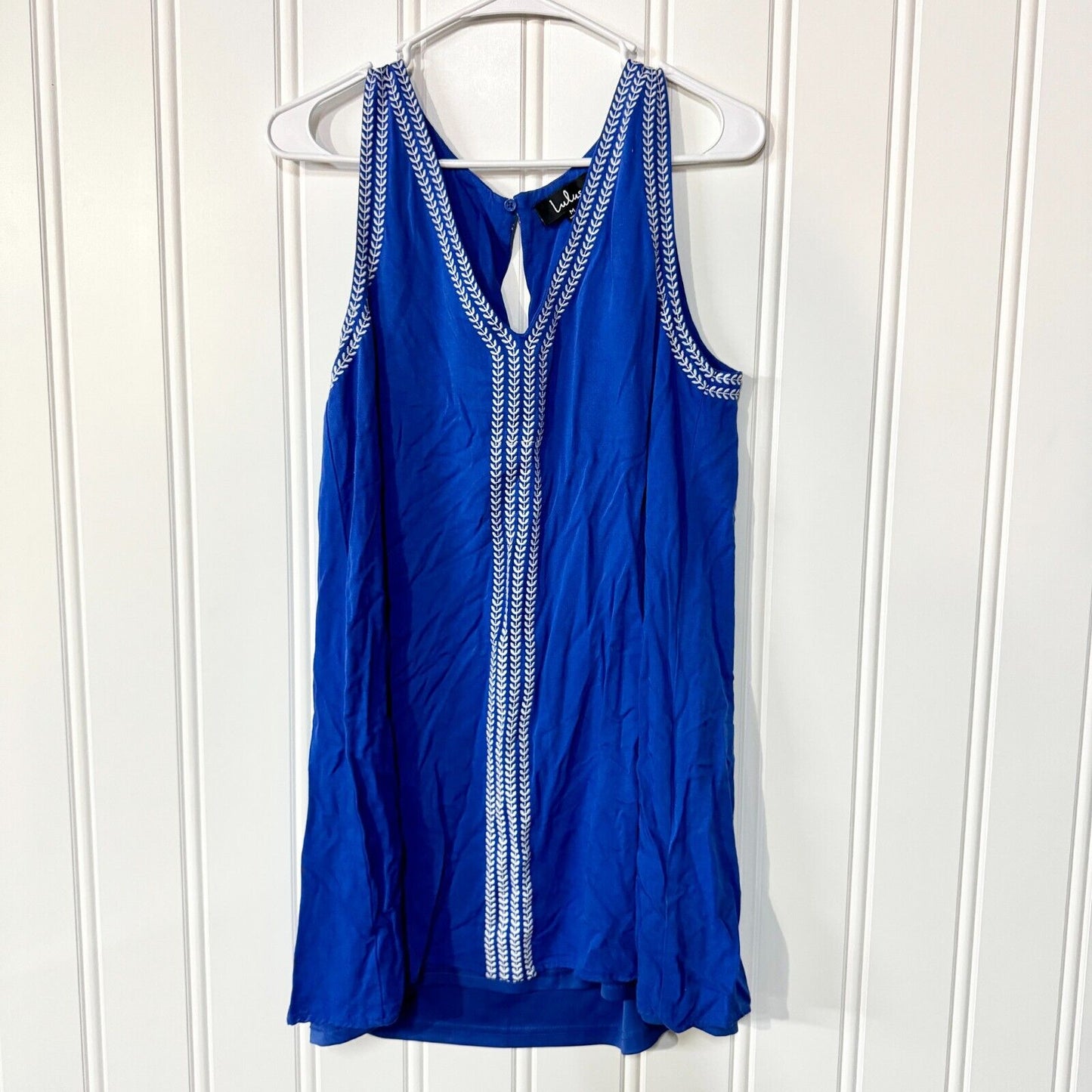 LULU'S Dress Women Size Medium Sleeveless Mini Deep V Embroider Trim Royal Blue