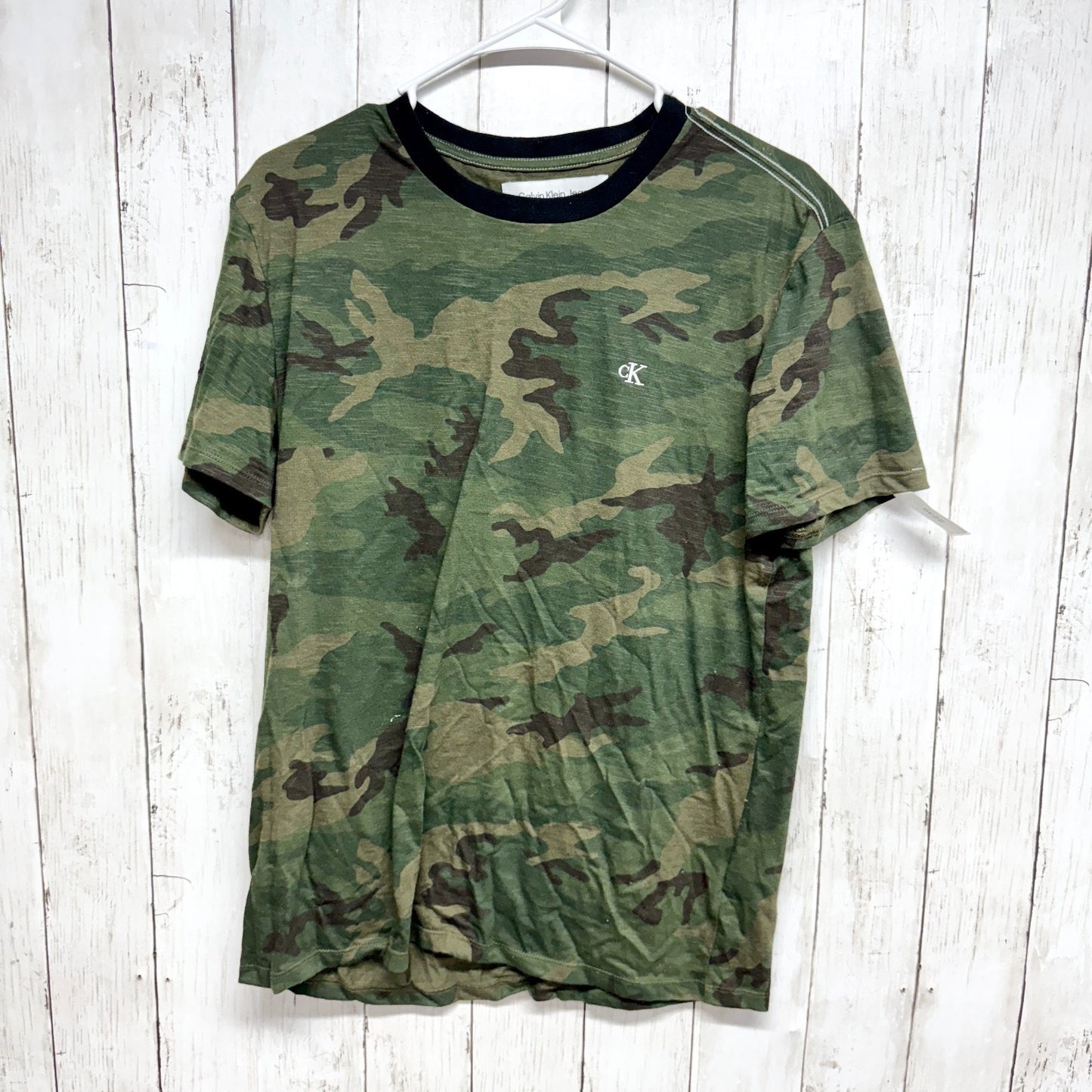 Calvin Klein Jeans Top Women Size Small Camo Cotton Crewneck Short Sleeve Shirt