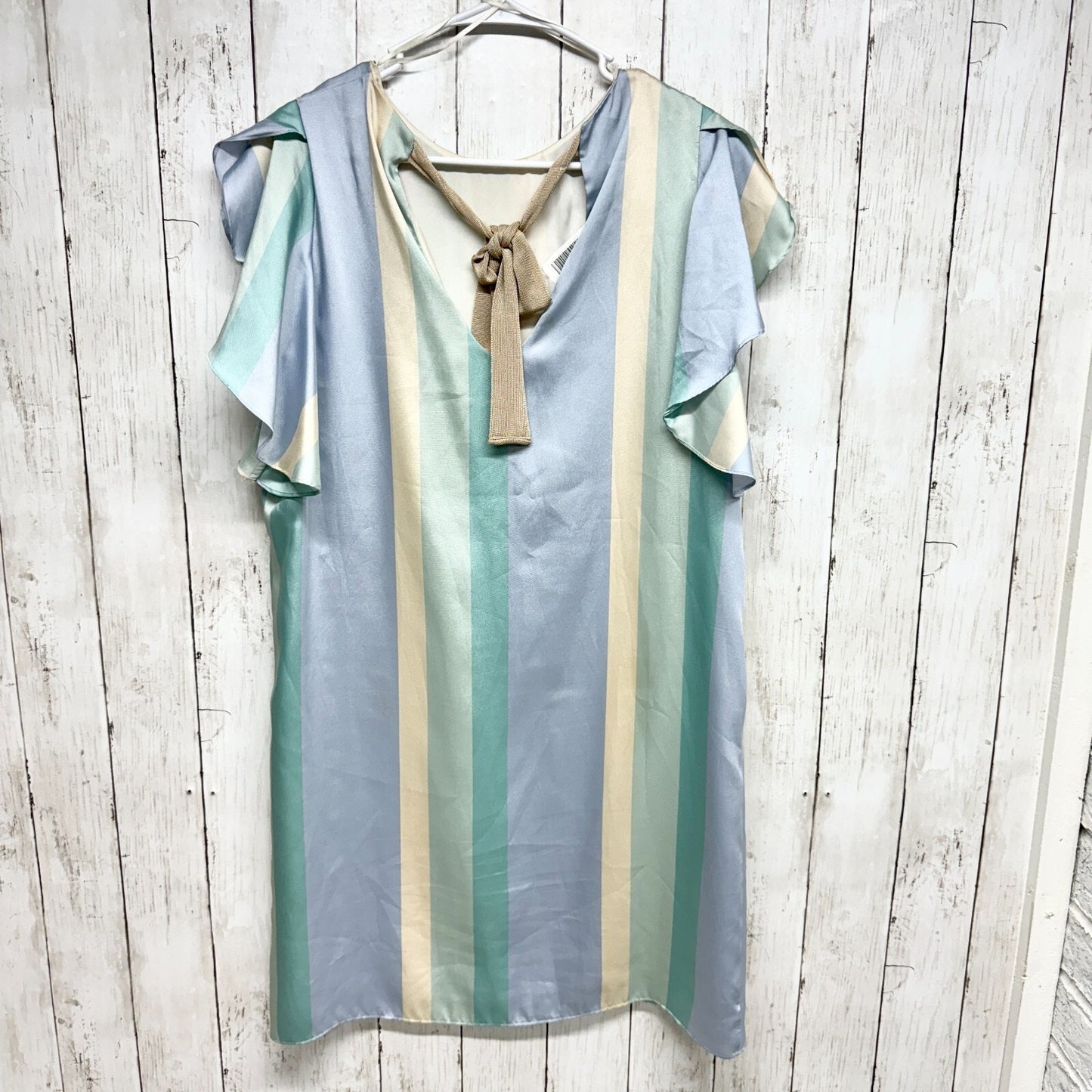 Mango Dress Women Size 8 Blue & Green Striped Shift Satin Finish Ruffled Sleeve
