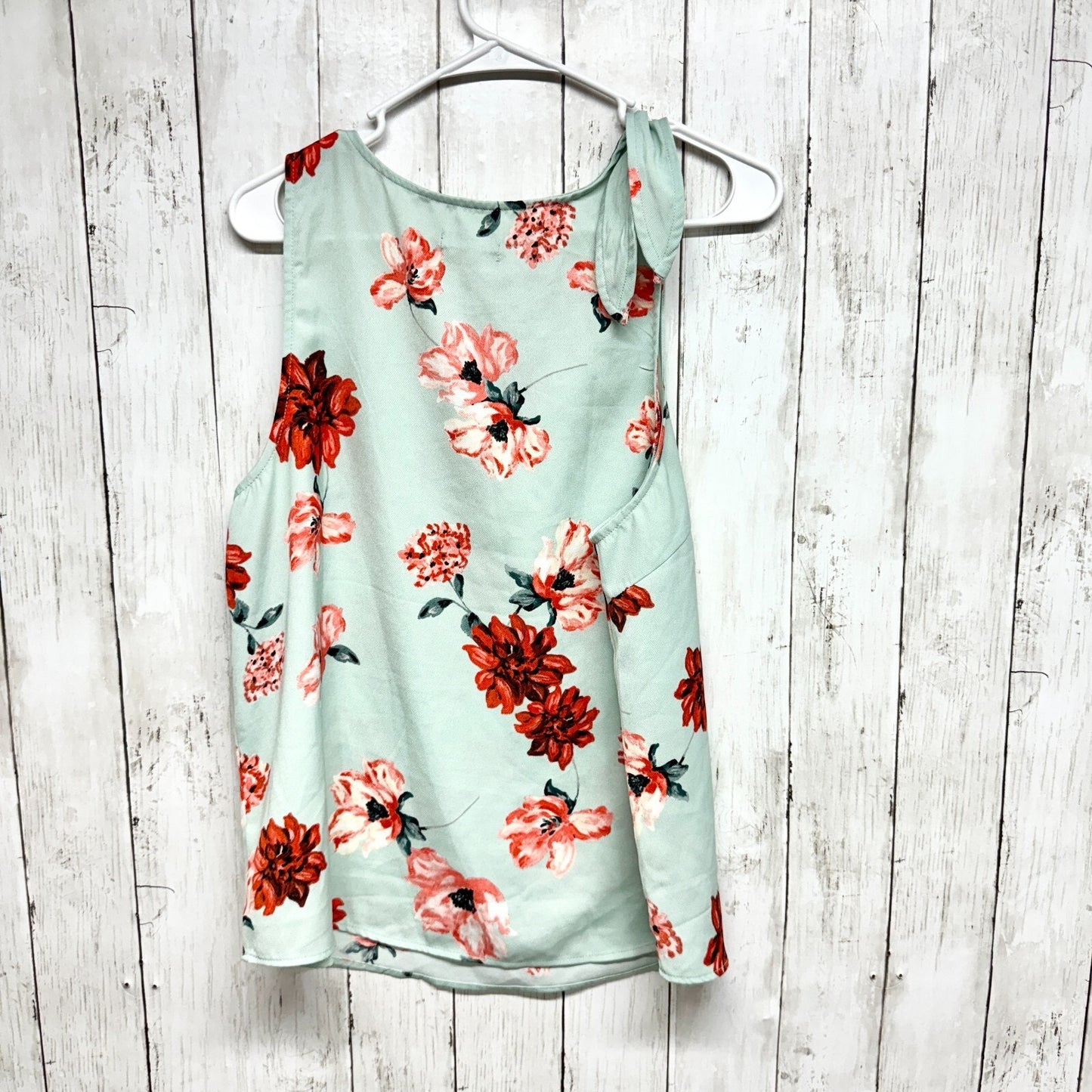 14th & Union Tank Top Women Sz L Teal Blue Floral Round Neck Straight Hem Summer